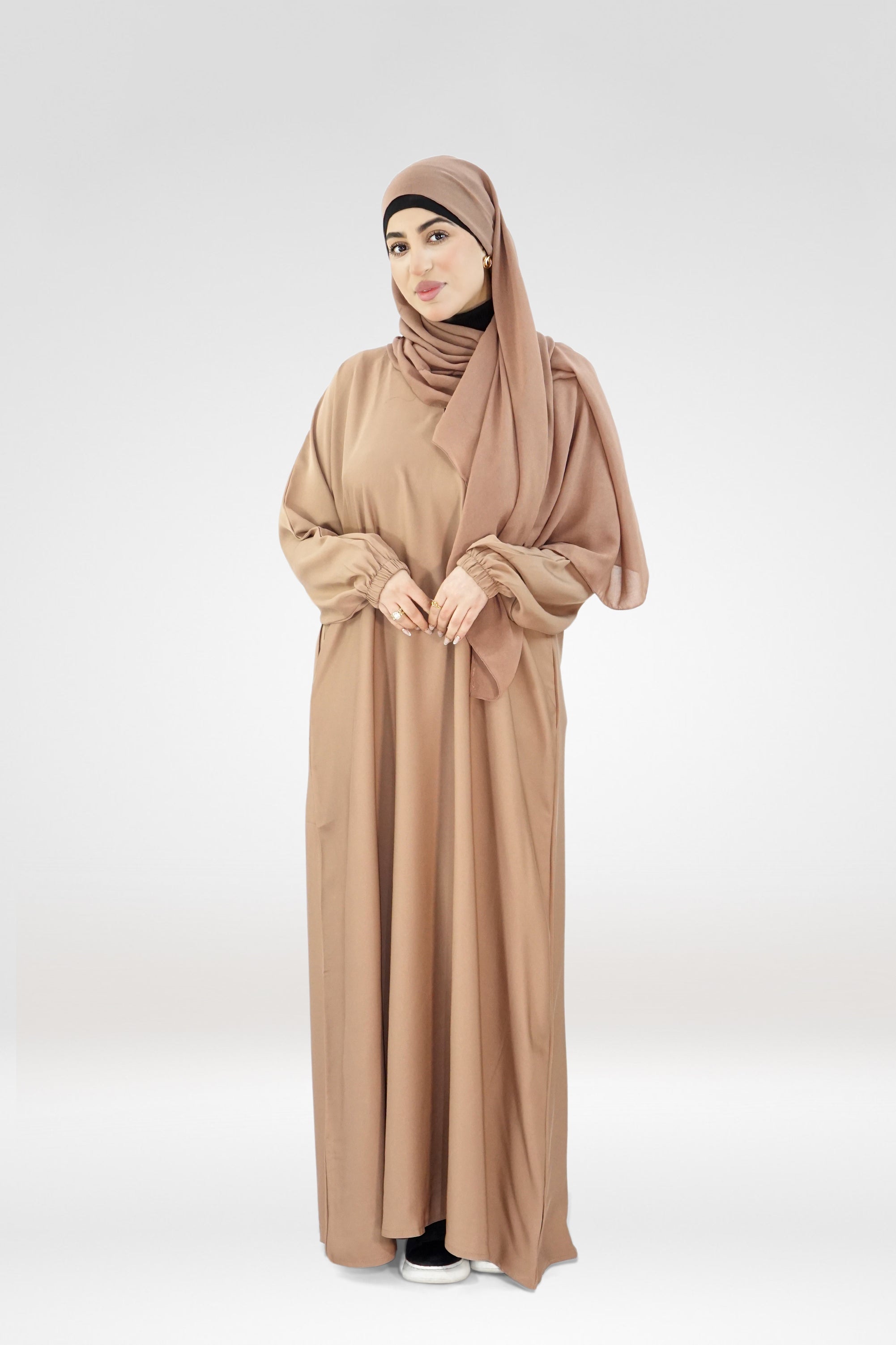 Plain One-Button Abaya with Elastic Cuffs – Light Brown (Nida Fabric)