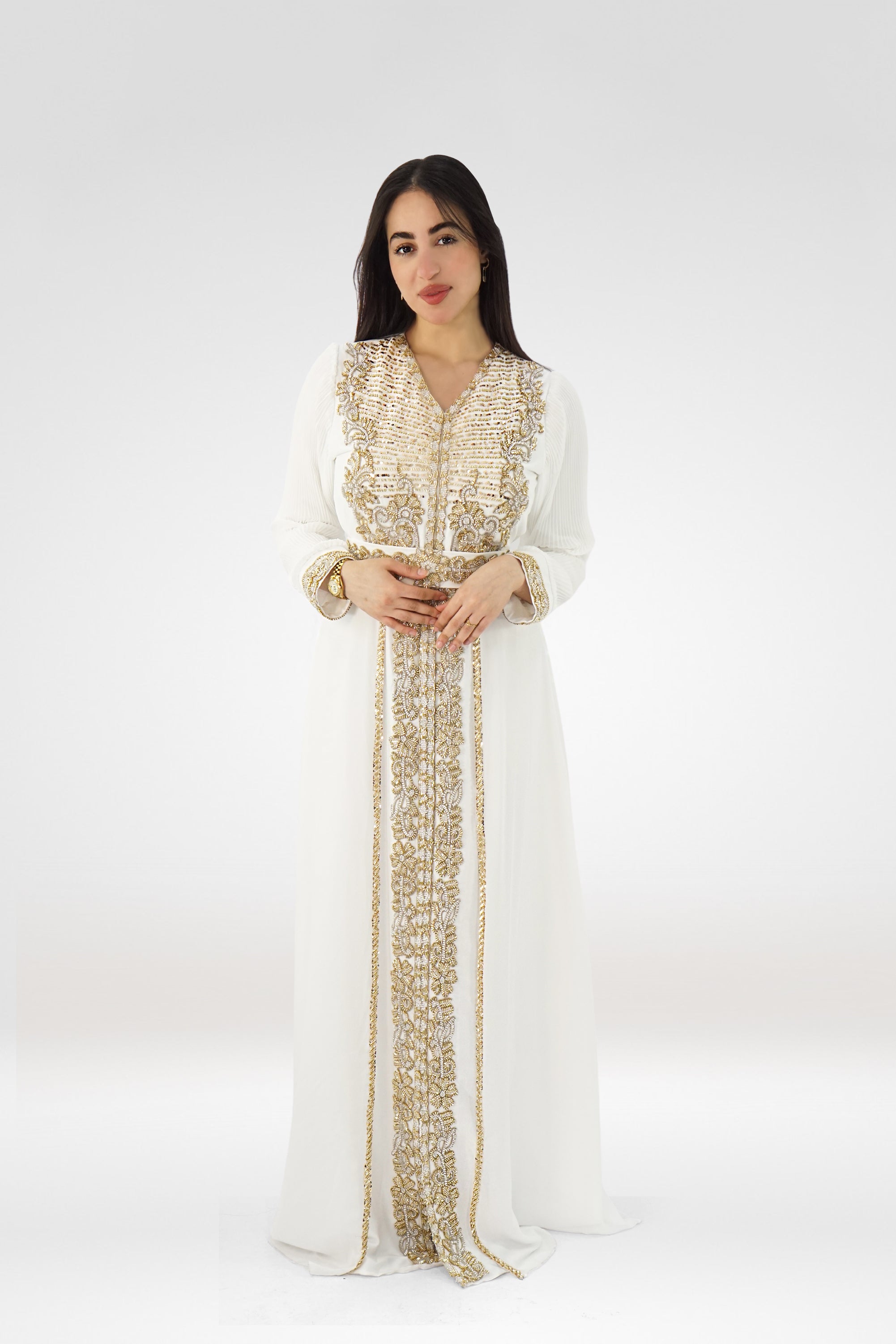Luxury Embroidered Chiffon Kaftan – Classic White Edition