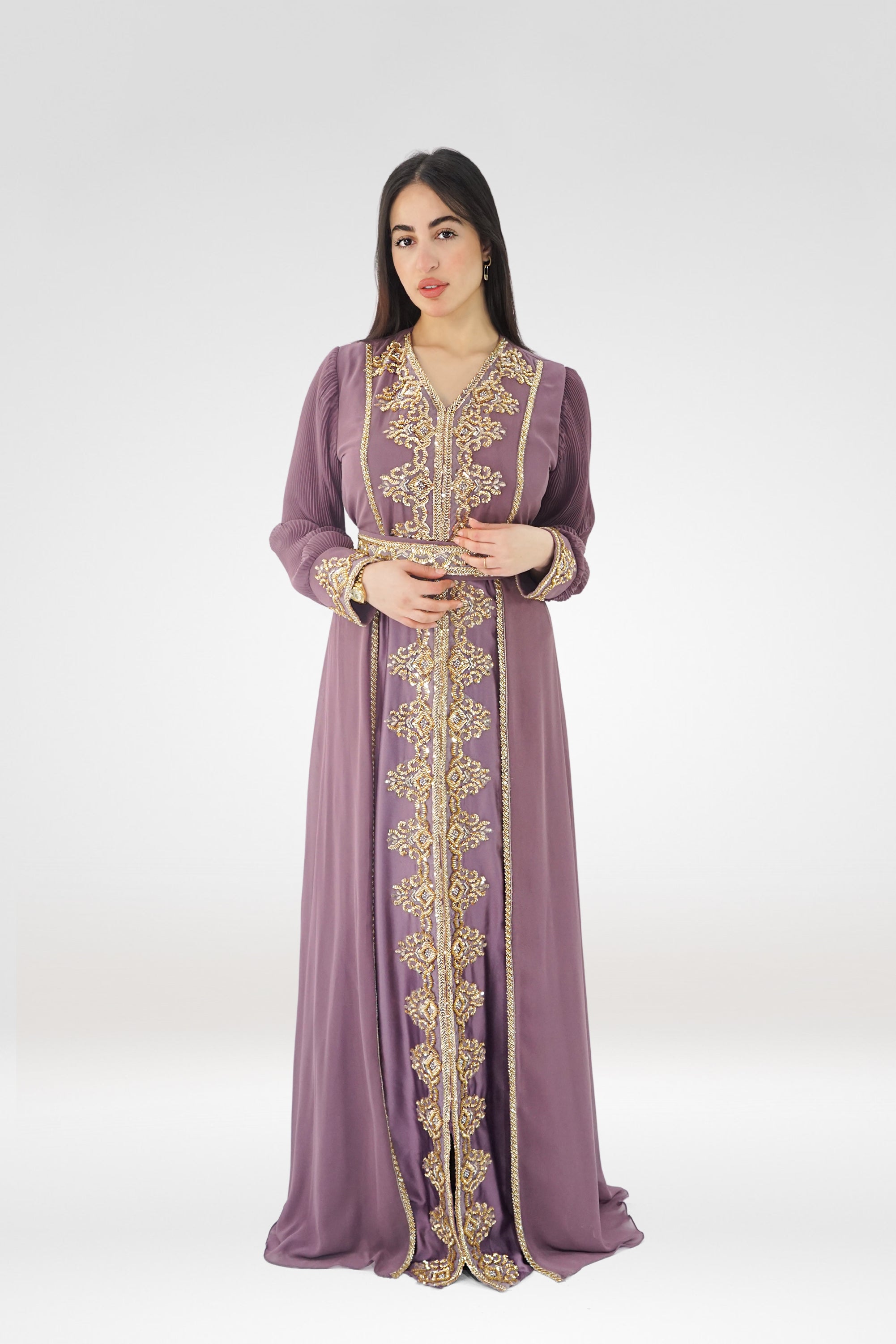 Luxury Embroidered Chiffon Kaftan Plum Gold Edition | Aroosah Luxury Embroidered Chiffon Kaftan Plum Gold Edition | Aroosah