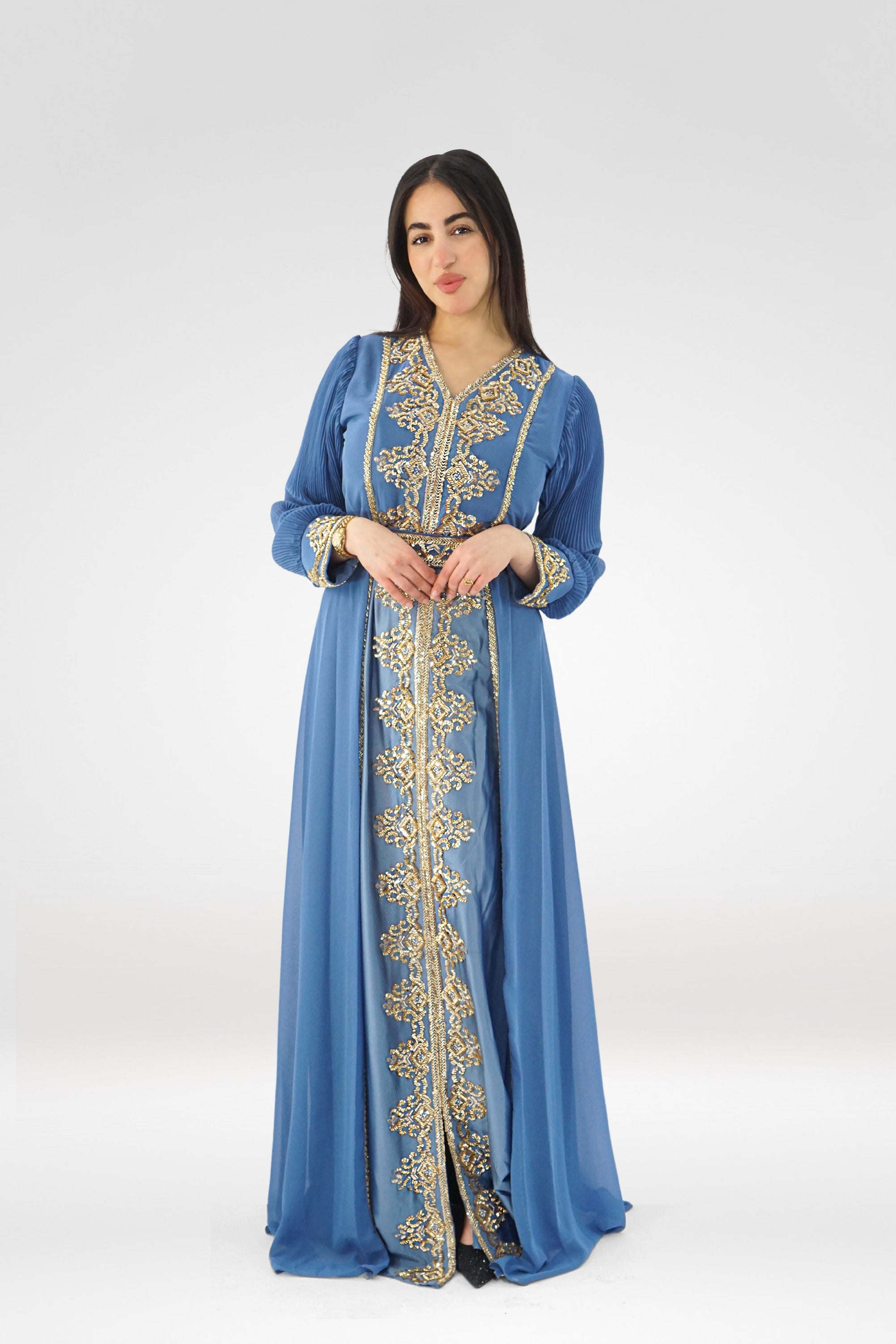 Luxury Embroidered Chiffon Kaftan – Lagoon Blue Edition