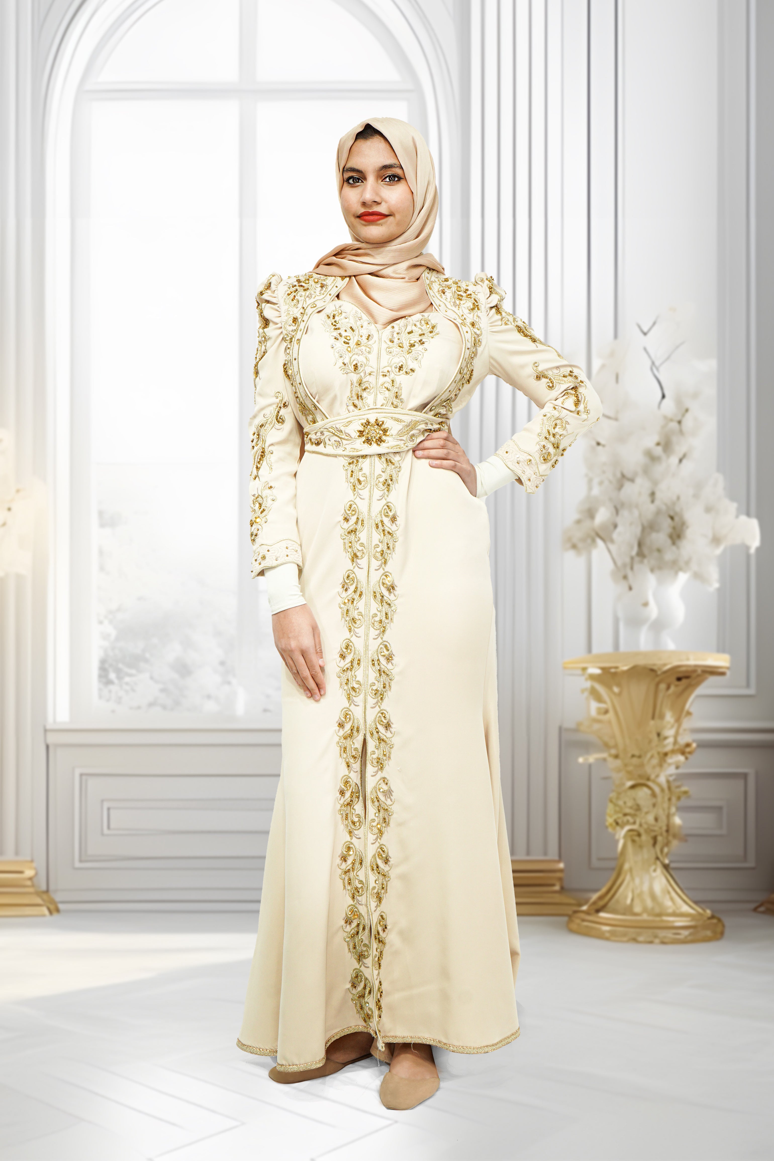 Mermaid Embroidery Turkish Dress Beige