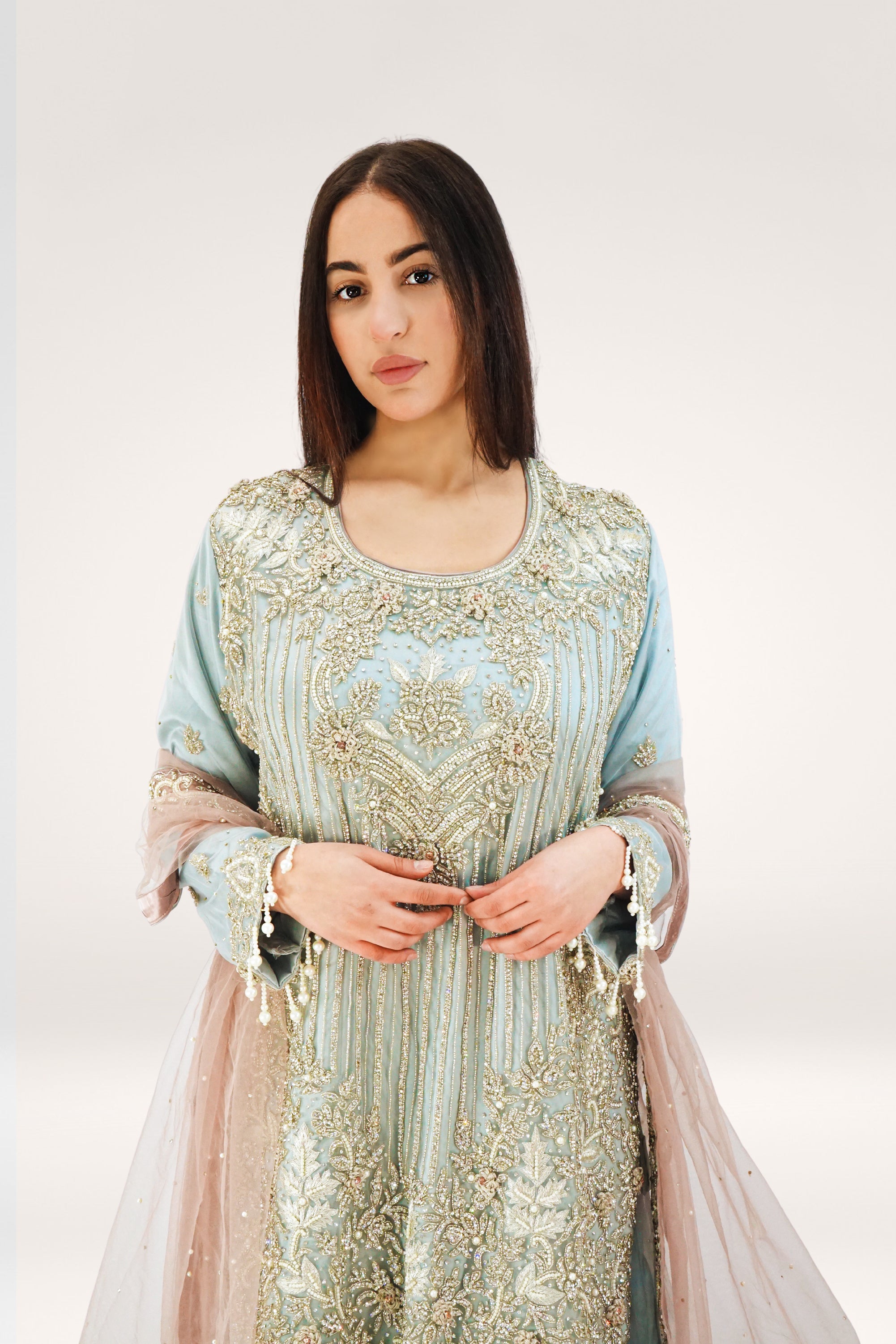 Elegant Grey Soft Net Lehenga with Pearl Tassels