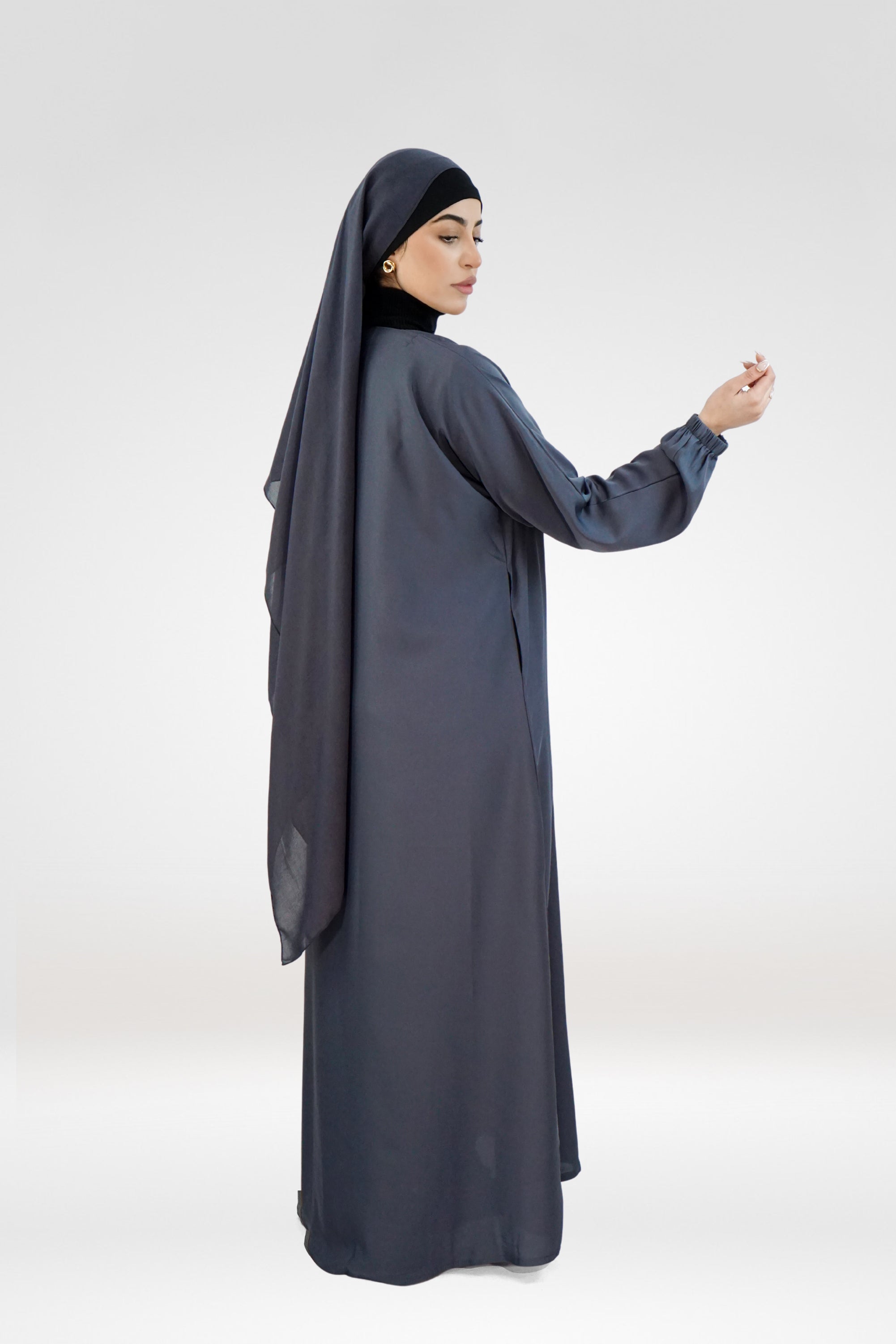Plain One-Button Abaya with Elastic Cuffs – Dark Grey (Nida Fabric)