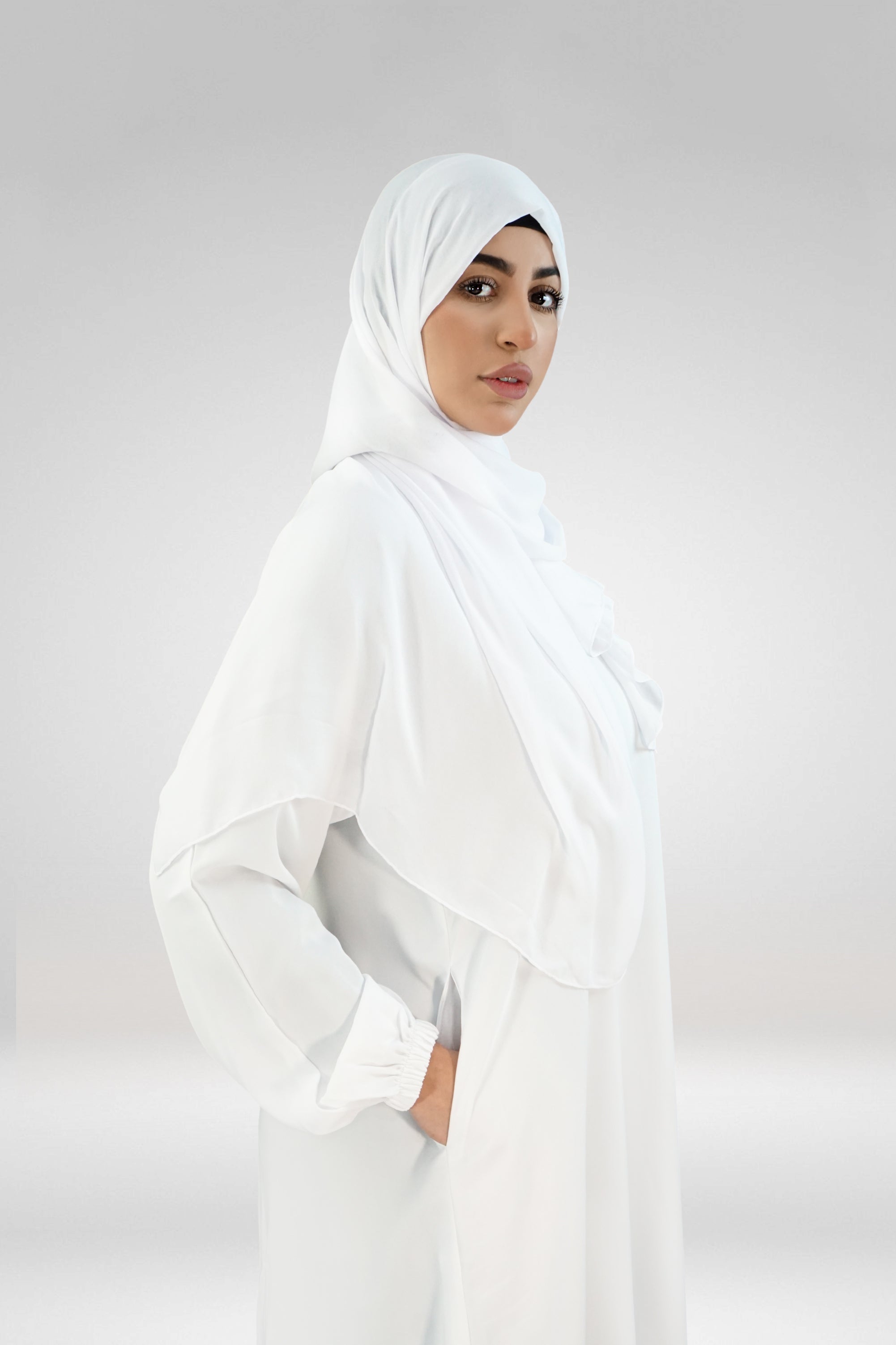 Plain One-Button Abaya with Elastic Cuffs and Side Pocket – White (Nida Fabric)
