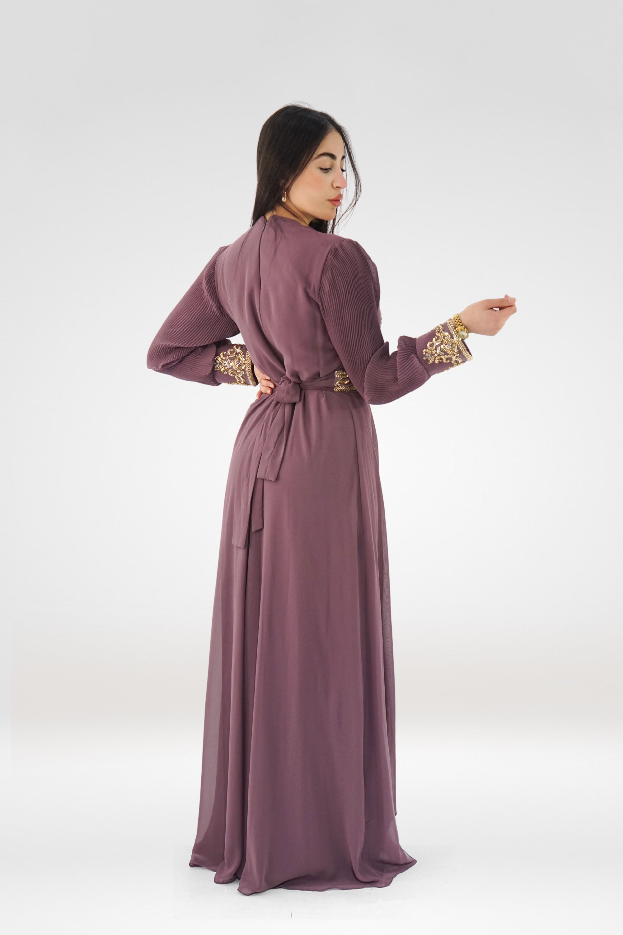 Luxury Embroidered Chiffon Kaftan – Plum Gold Edition