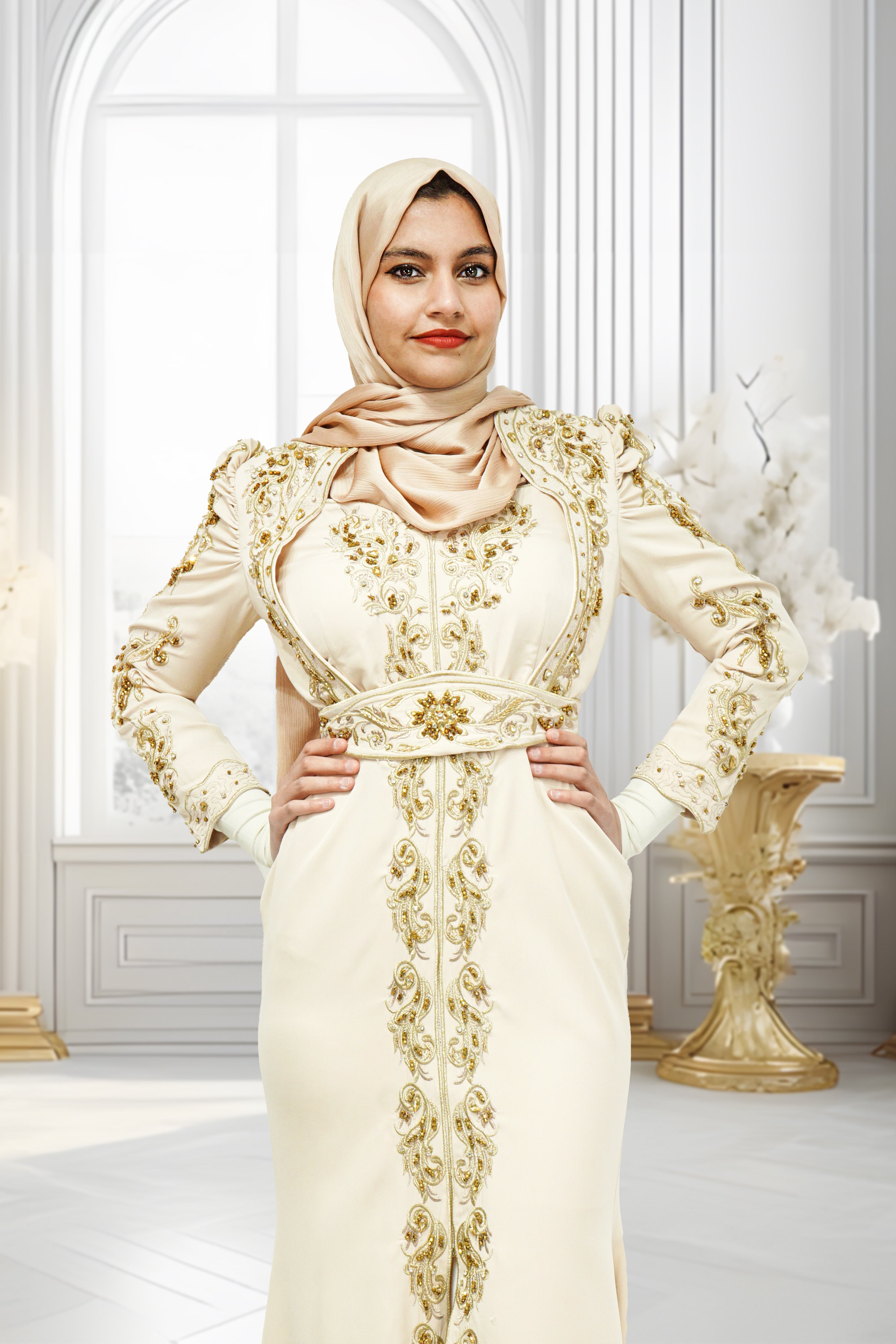 Mermaid Embroidery Turkish Dress Beige
