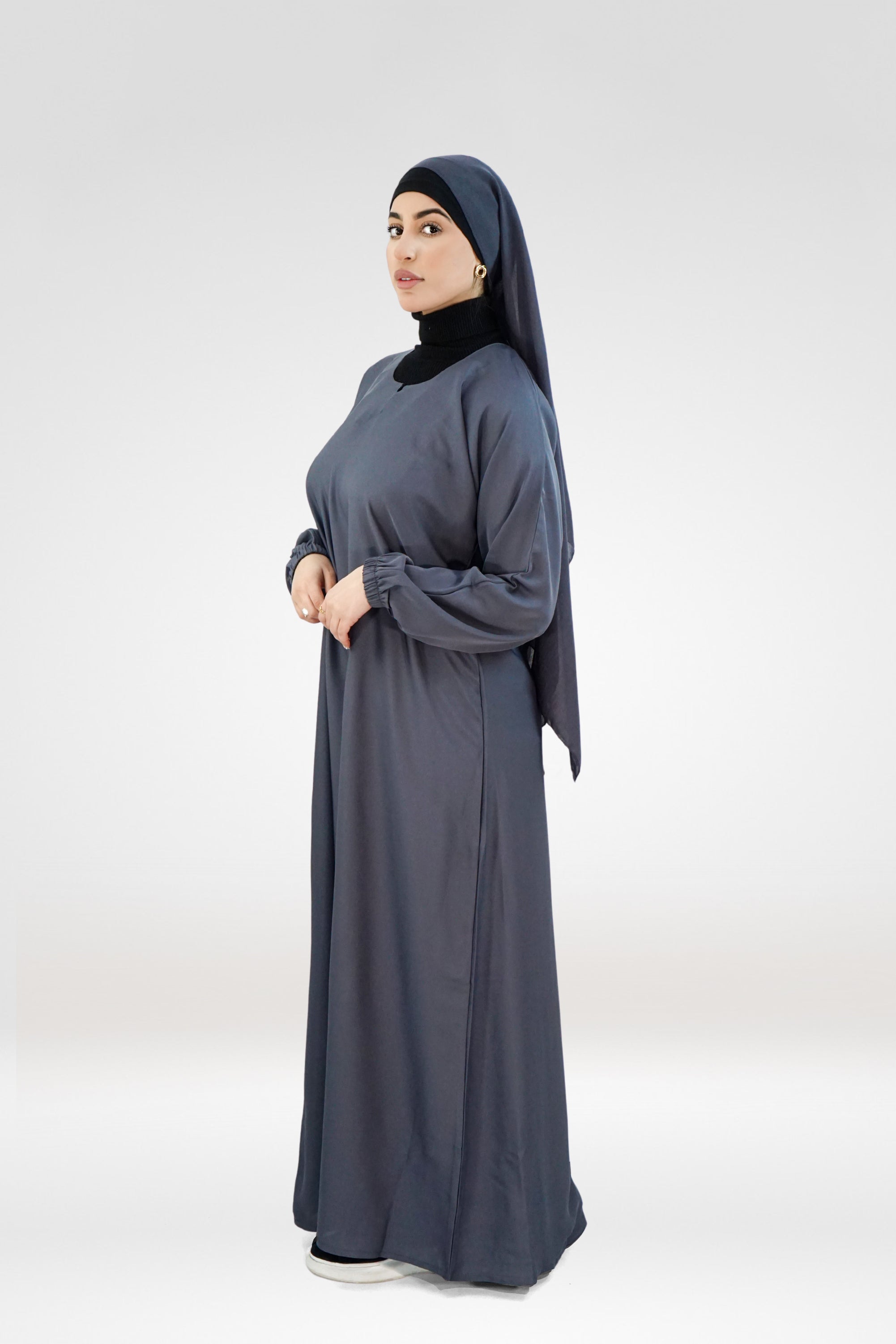 Plain One-Button Abaya with Elastic Cuffs – Dark Grey (Nida Fabric)