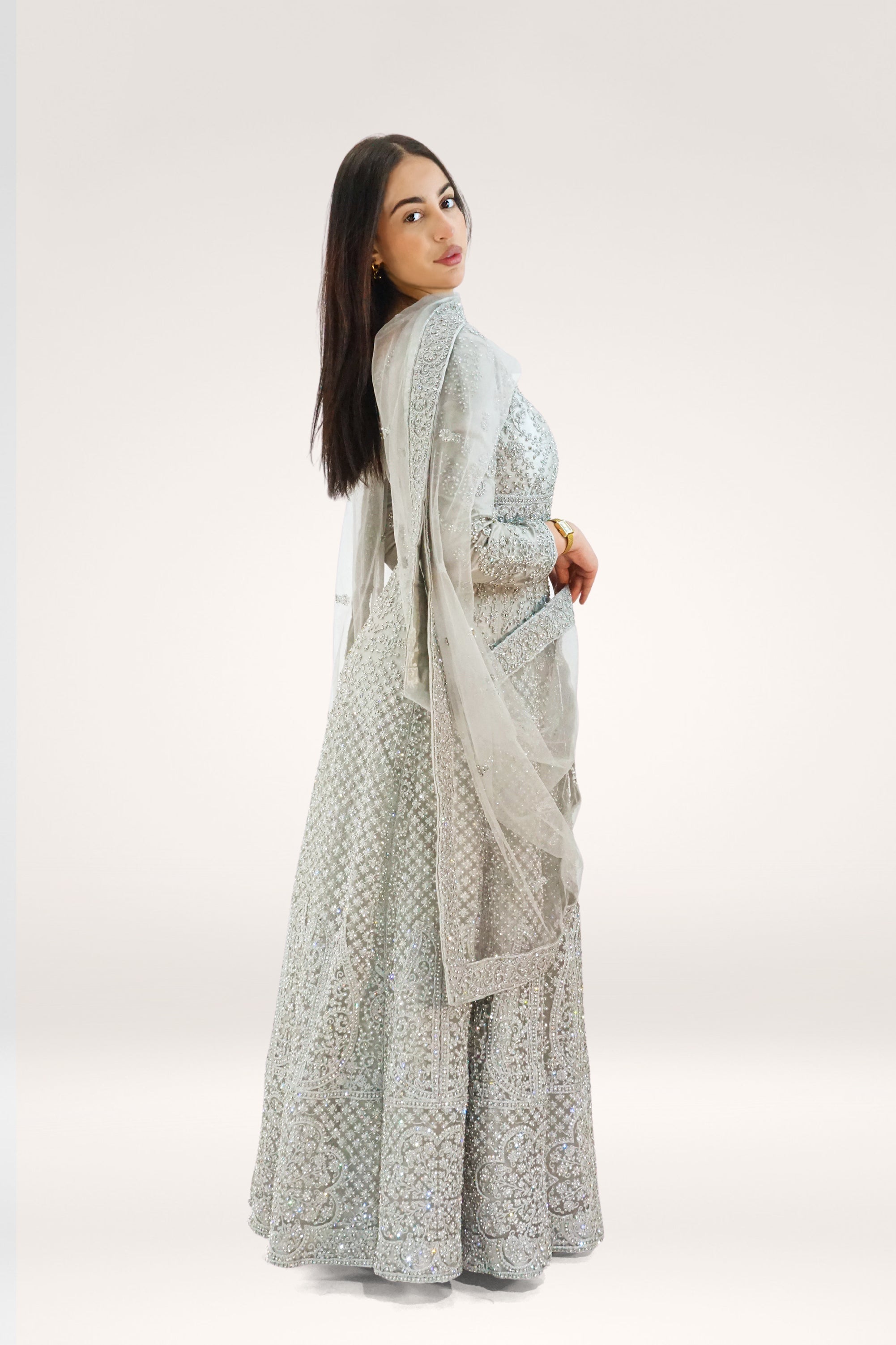 Elegant Full-Length Gown with Embroidered Detailing Grey