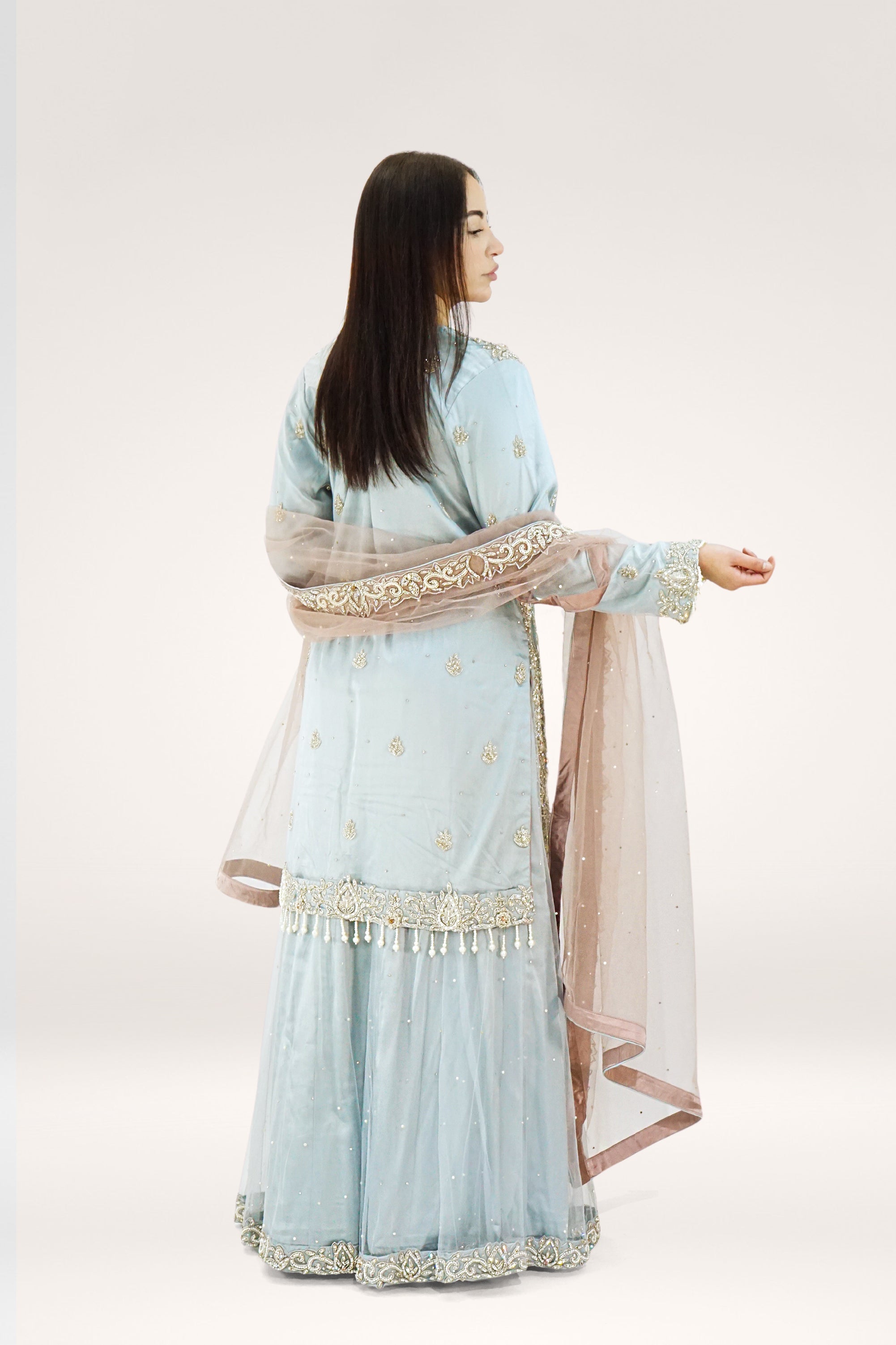 Elegant Grey Soft Net Lehenga with Pearl Tassels