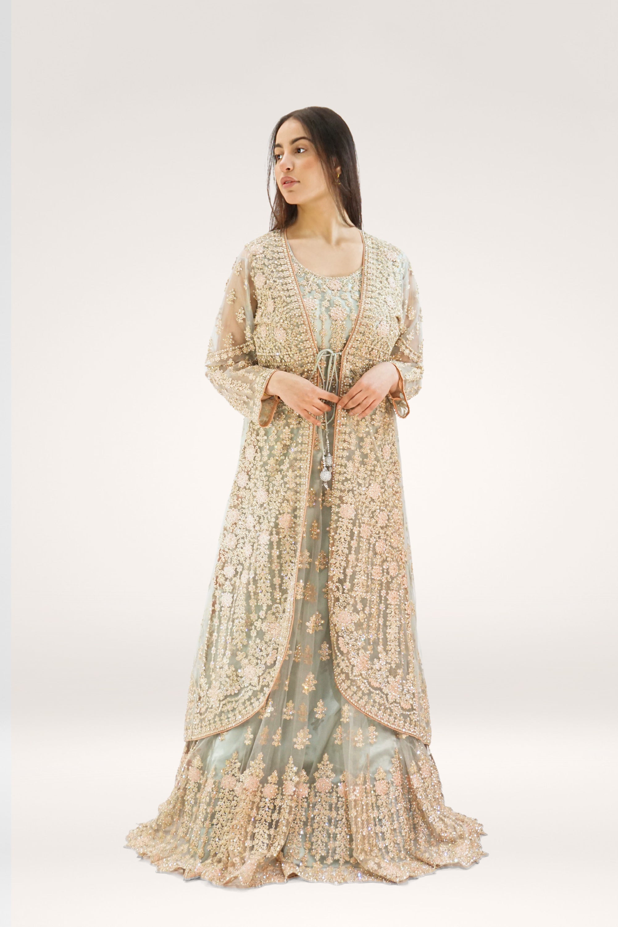 Elegant Sky Blue Soft Net Asian Long Suit with Stone Work