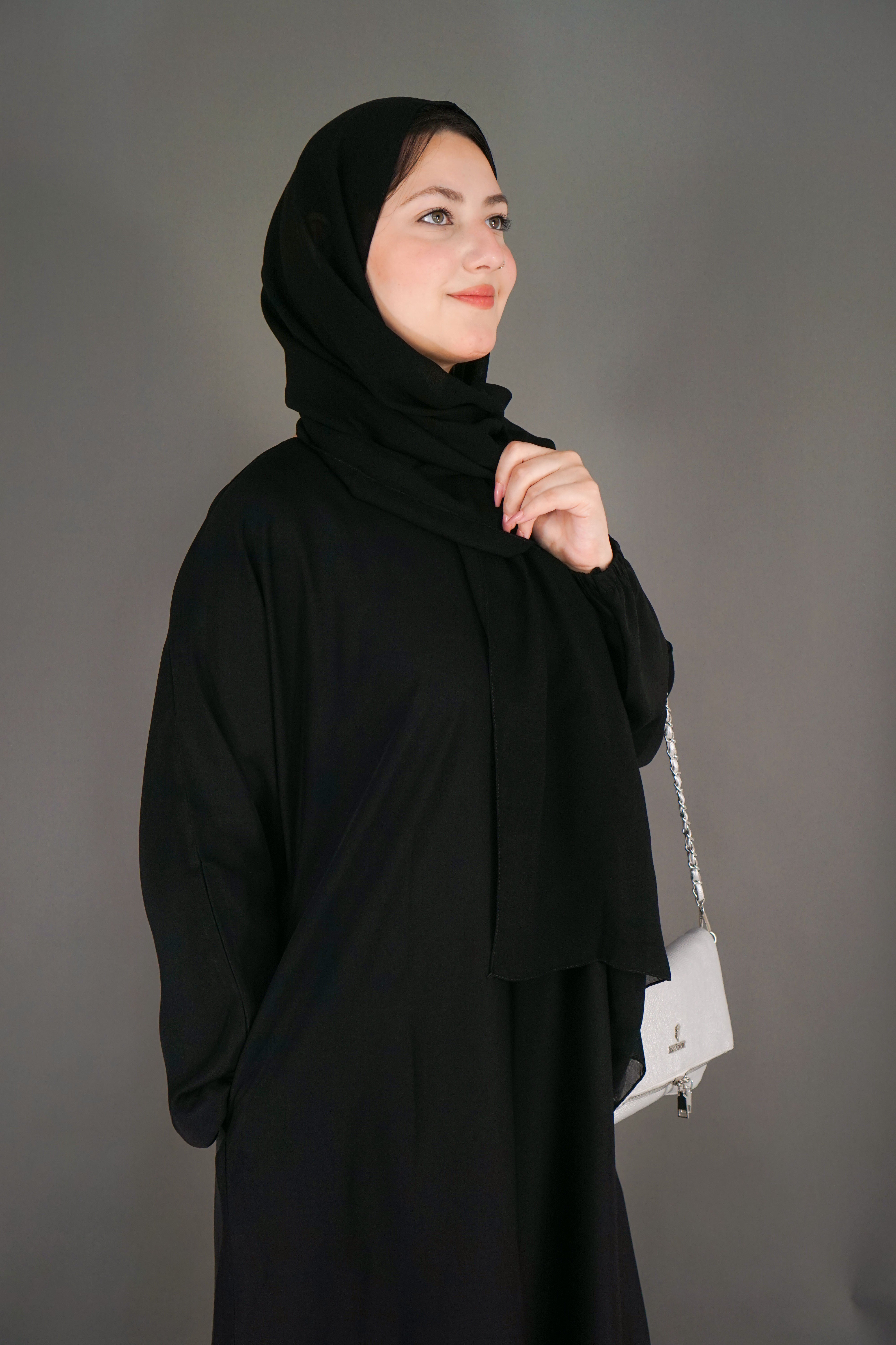One Button Plain Abaya – Black | Nida Fabric with Matching Scarf