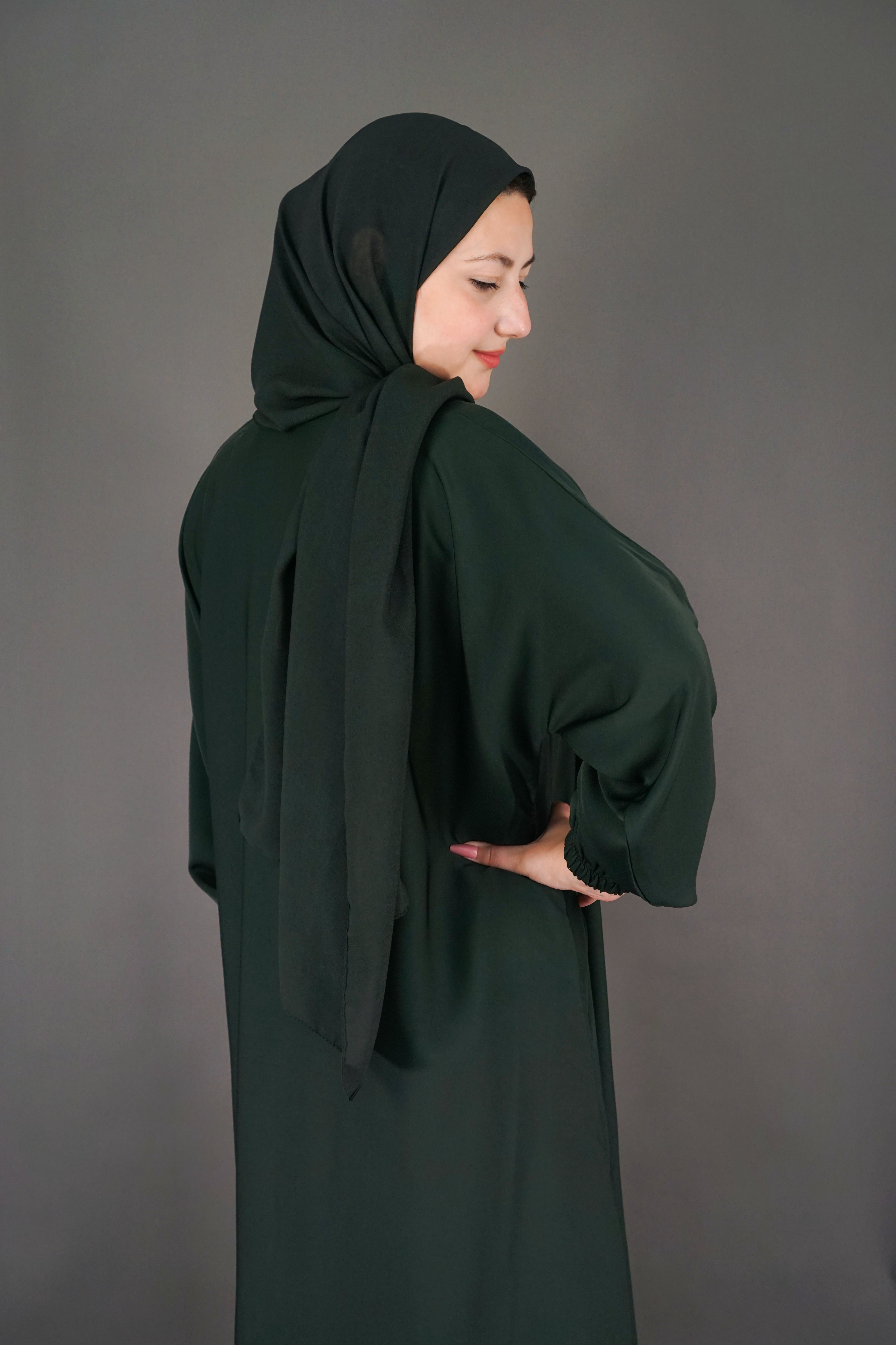 One Button Plain Abaya – Green | Nida Fabric with Matching Scarf