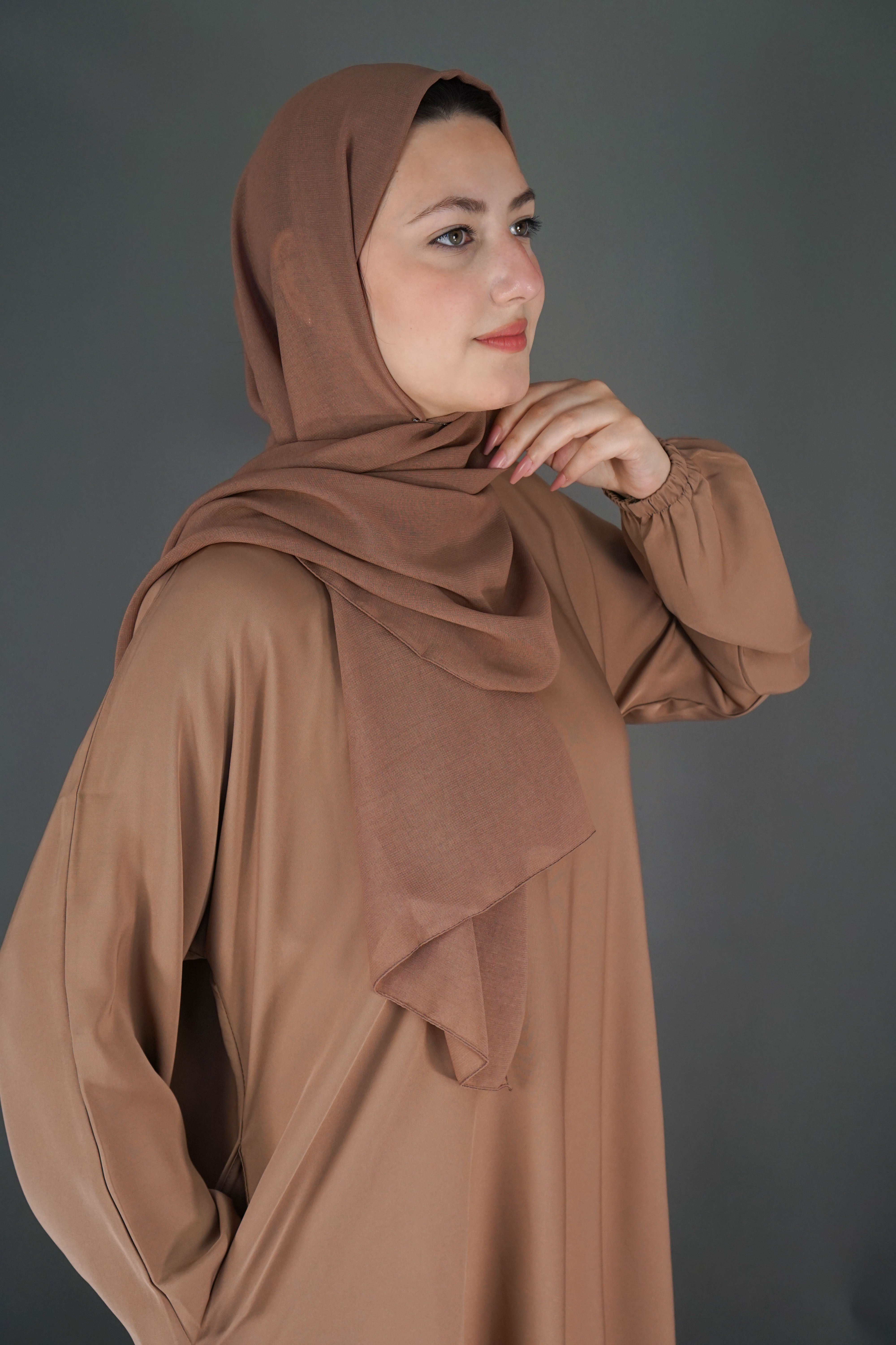 One Button Plain Abaya – Light Brown | Nida Fabric with Matching Scarf