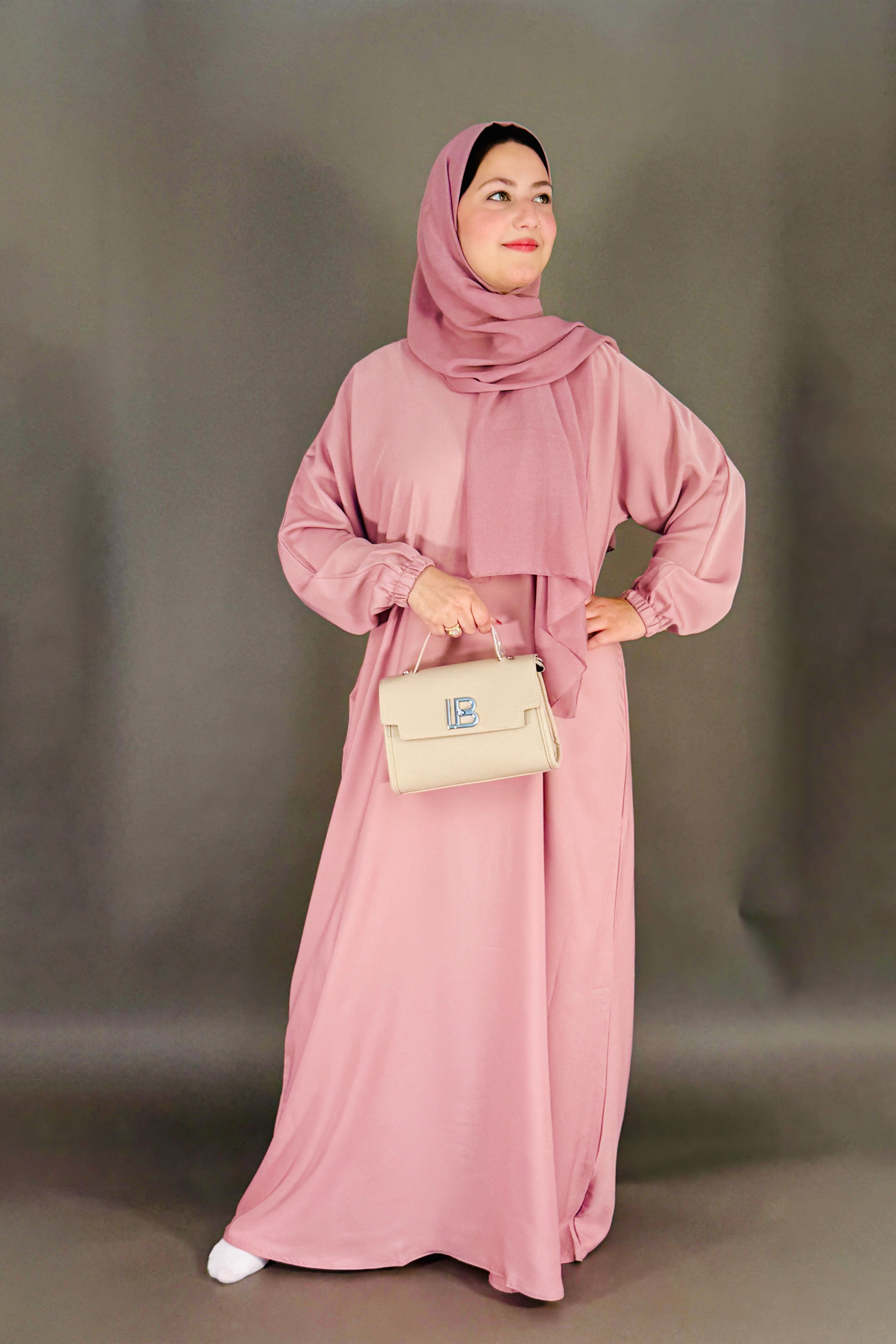 One Button Plain Abaya – Pink | Nida Fabric with Matching Scarf