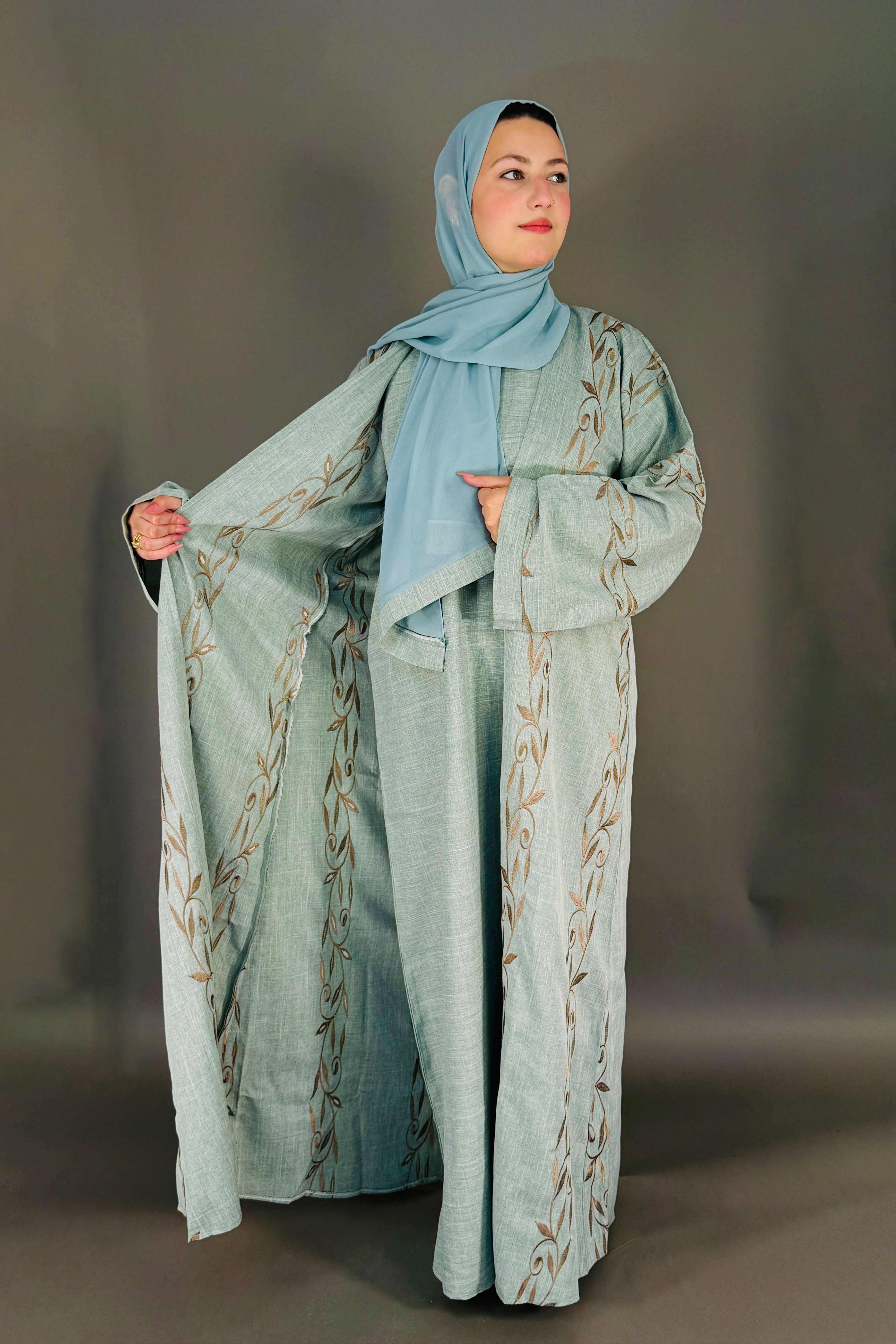 Embroidery Work Abaya with Scarf – Light Blue