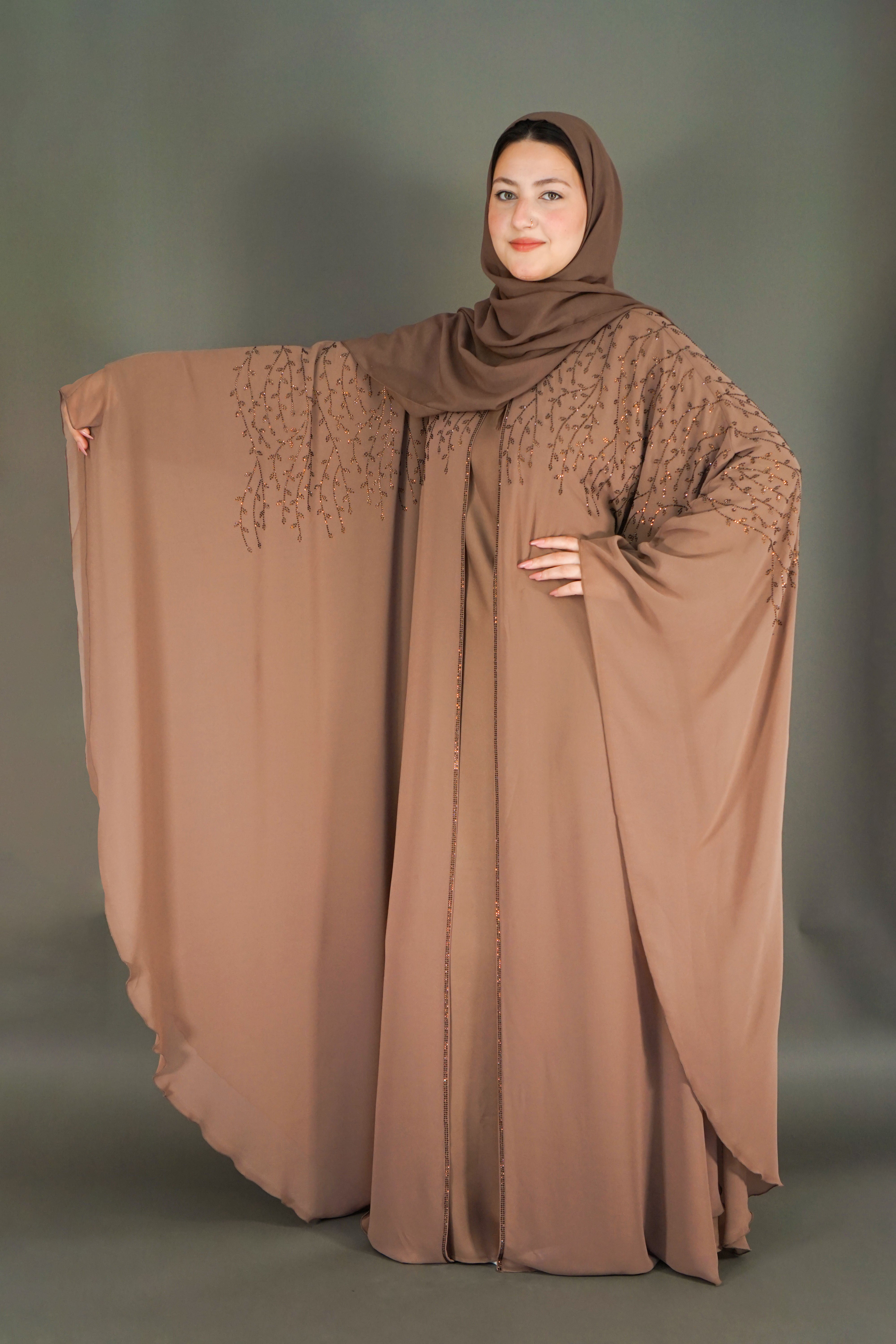 Chiffon Elegant Farasha Abaya with Scarf – Brown