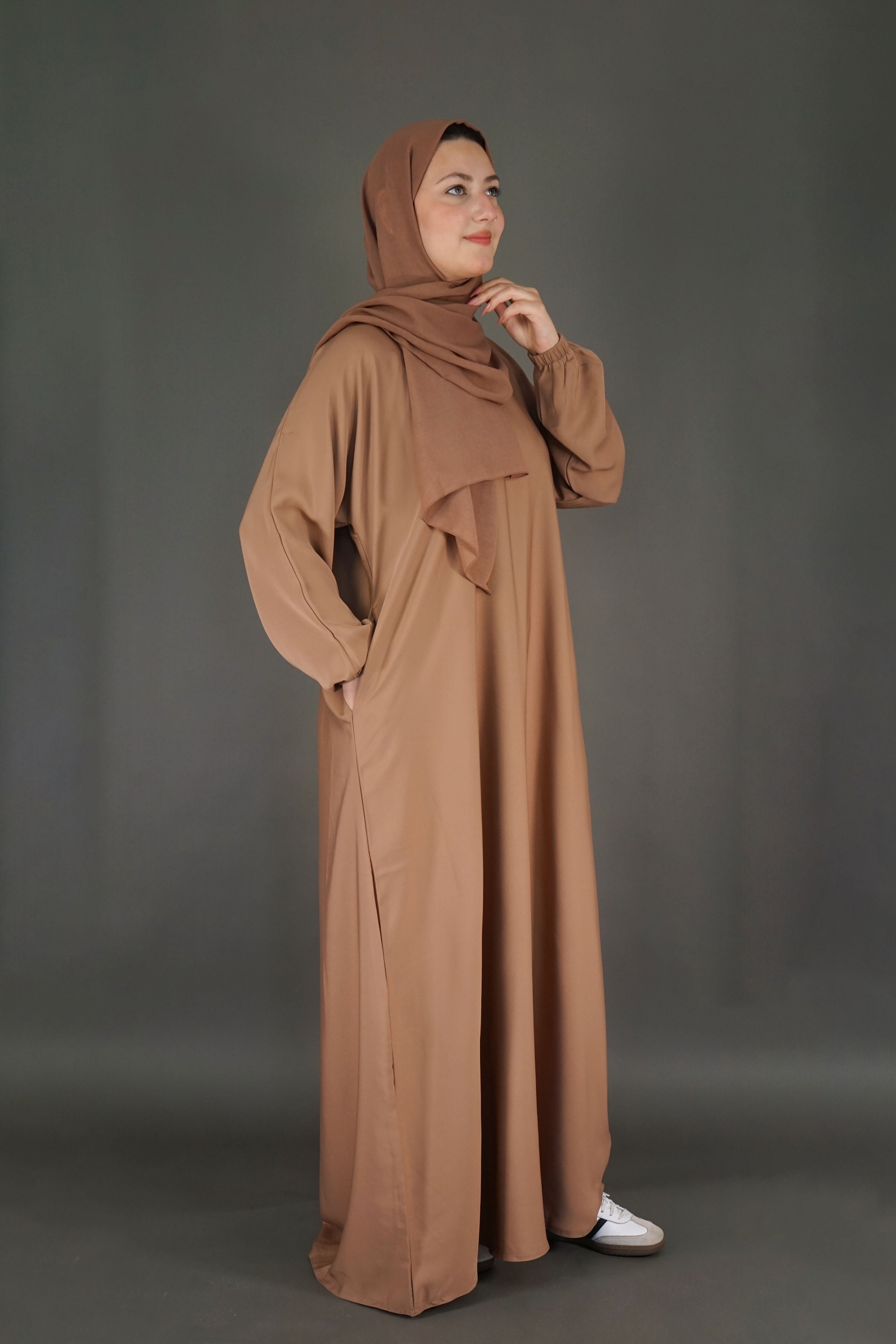 One Button Plain Abaya – Light Brown | Nida Fabric with Matching Scarf
