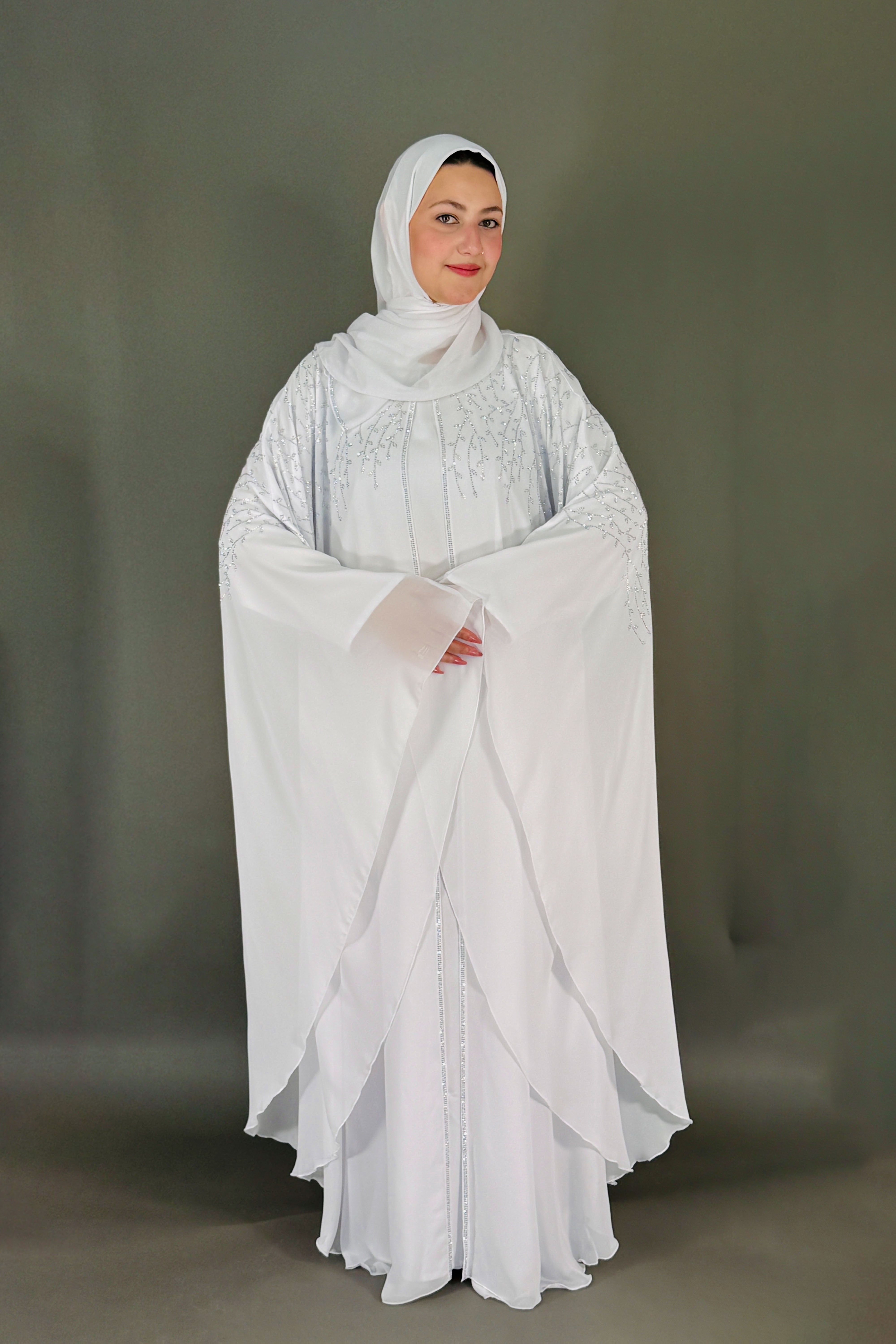 Chiffon Elegant Farasha Abaya with Scarf – White