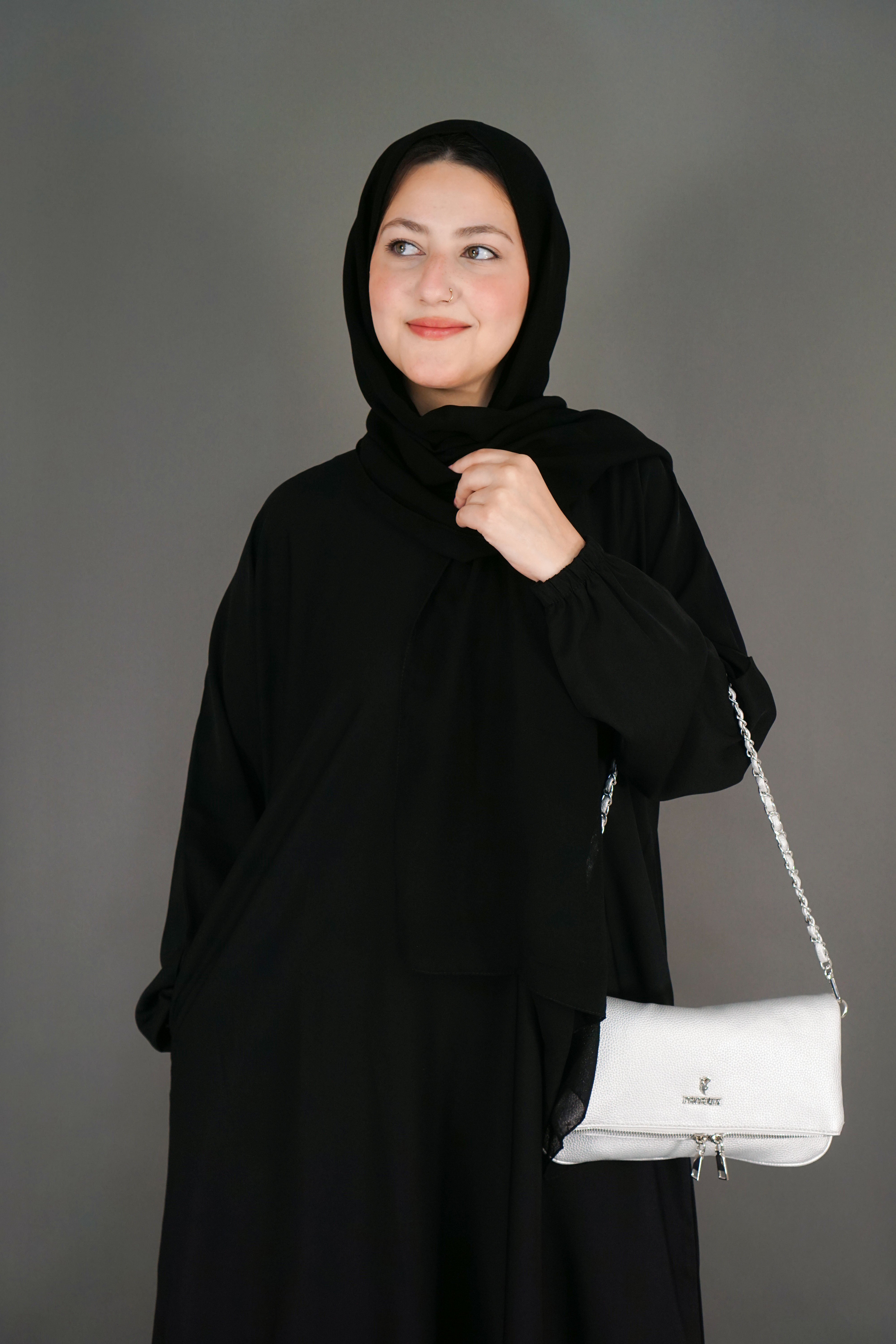 One Button Plain Abaya – Black | Nida Fabric with Matching Scarf
