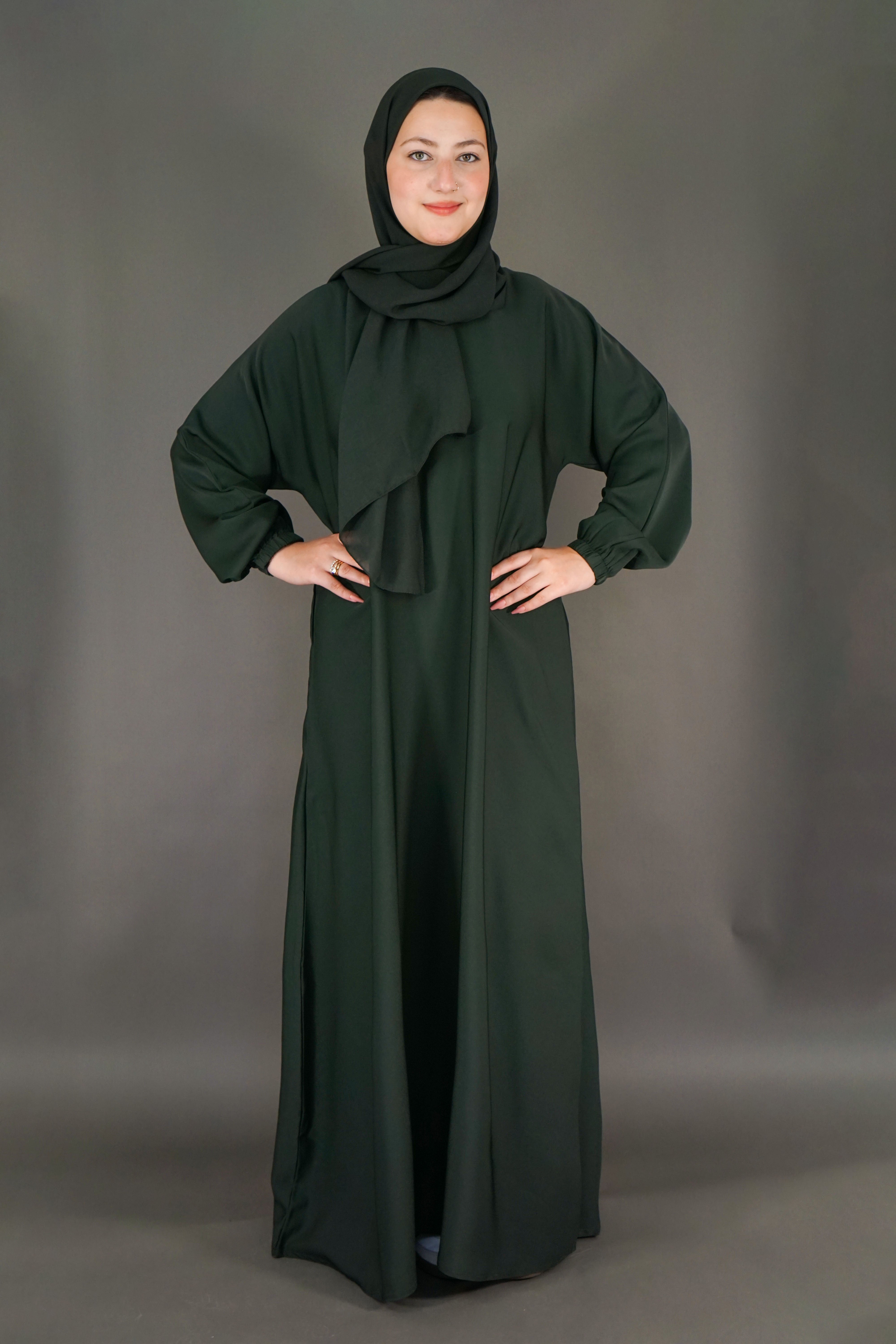 One Button Plain Abaya – Green | Nida Fabric with Matching Scarf
