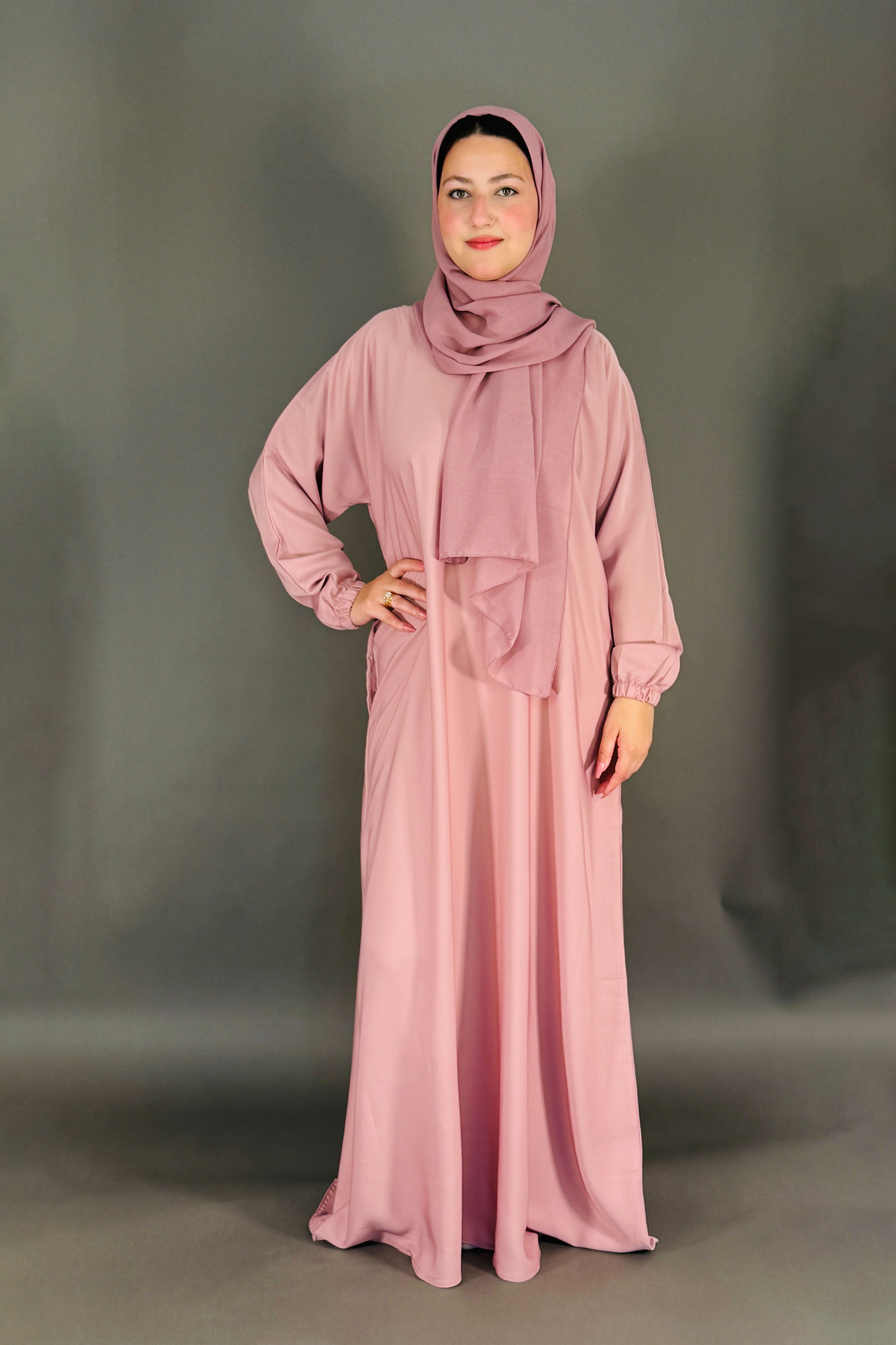 One Button Plain Abaya – Pink | Nida Fabric with Matching Scarf