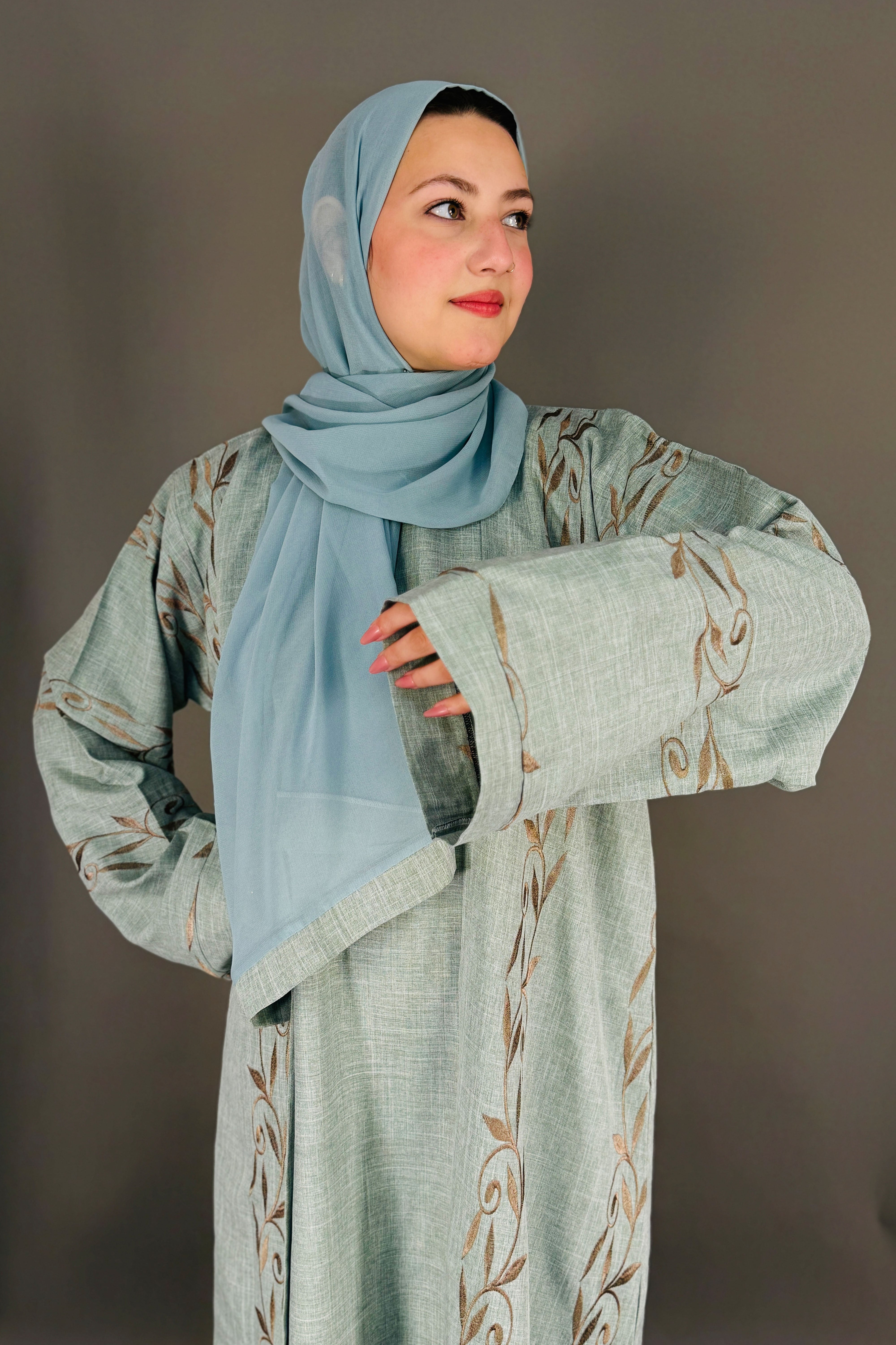 Embroidery Work Abaya with Scarf – Light Blue