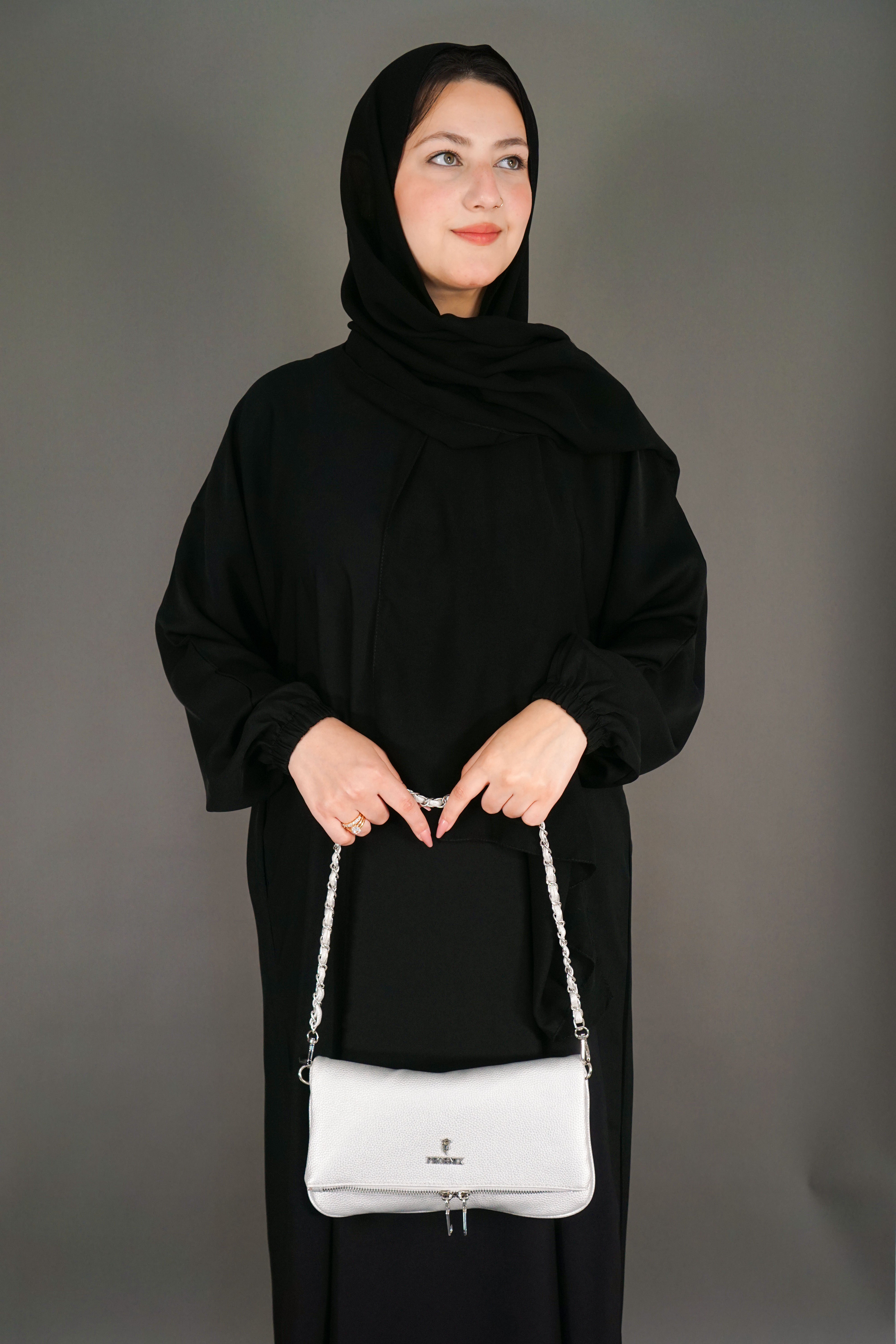 One Button Plain Abaya – Black | Nida Fabric with Matching Scarf