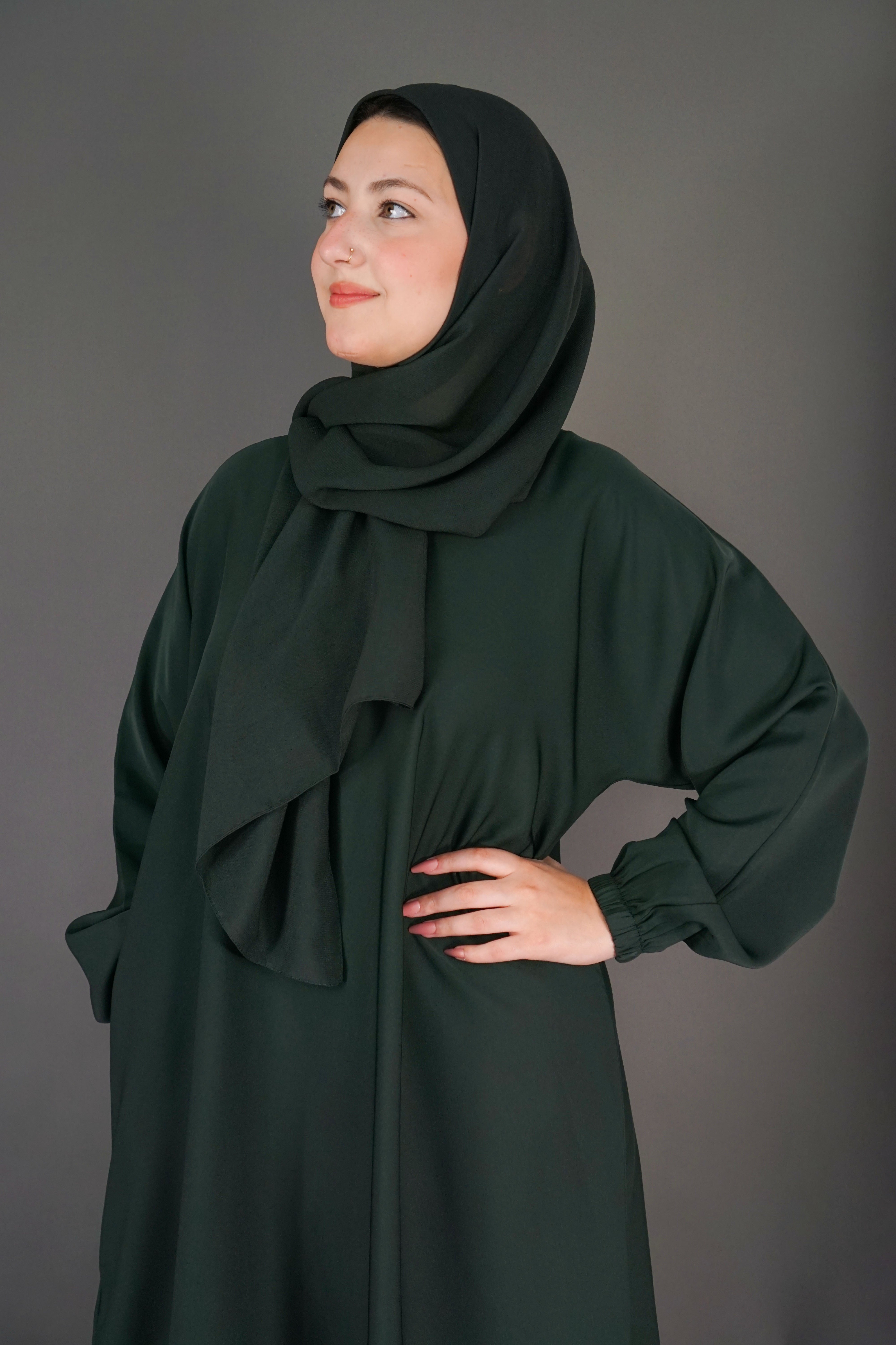 One Button Plain Abaya – Green | Nida Fabric with Matching Scarf
