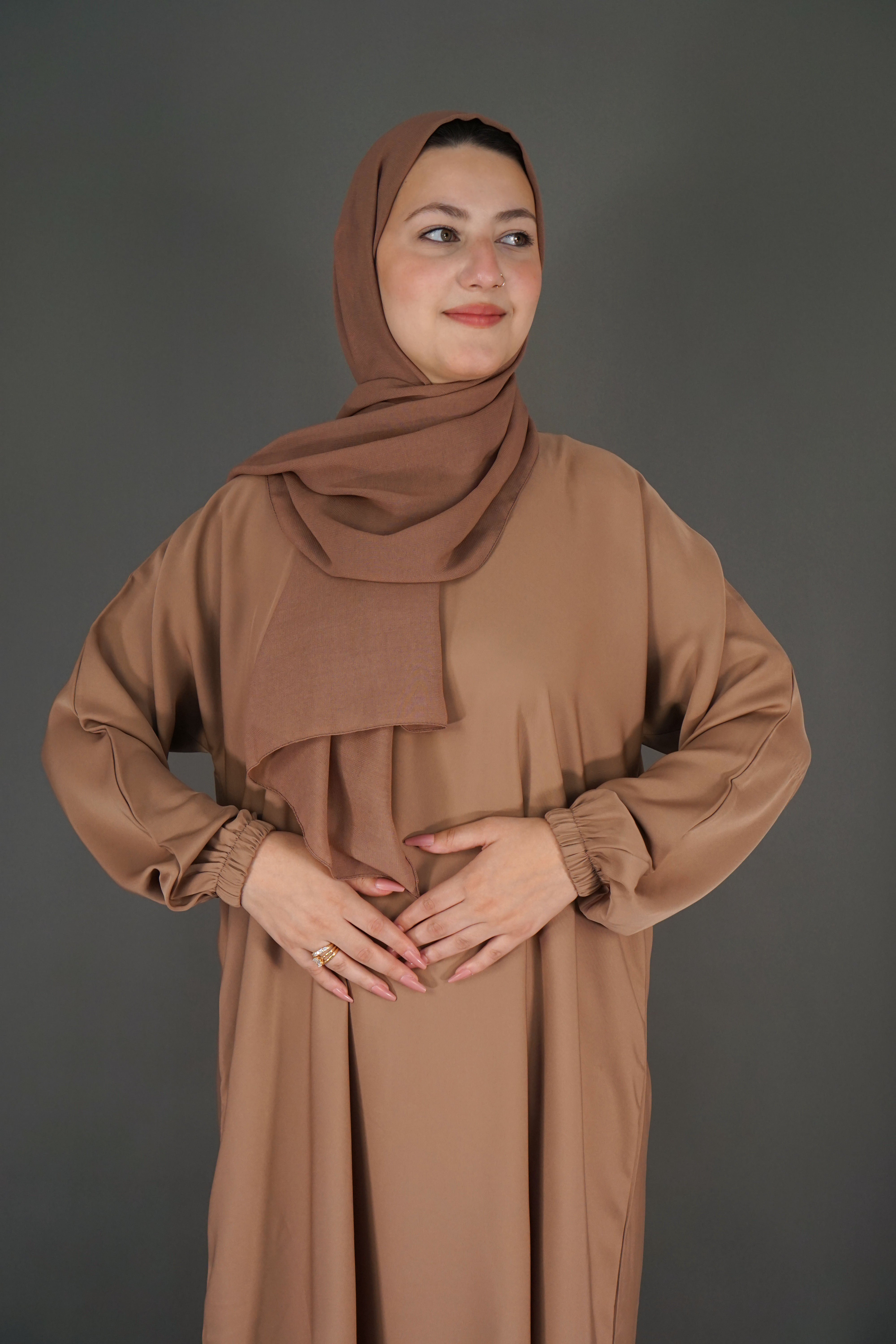 One Button Plain Abaya – Light Brown | Nida Fabric with Matching Scarf
