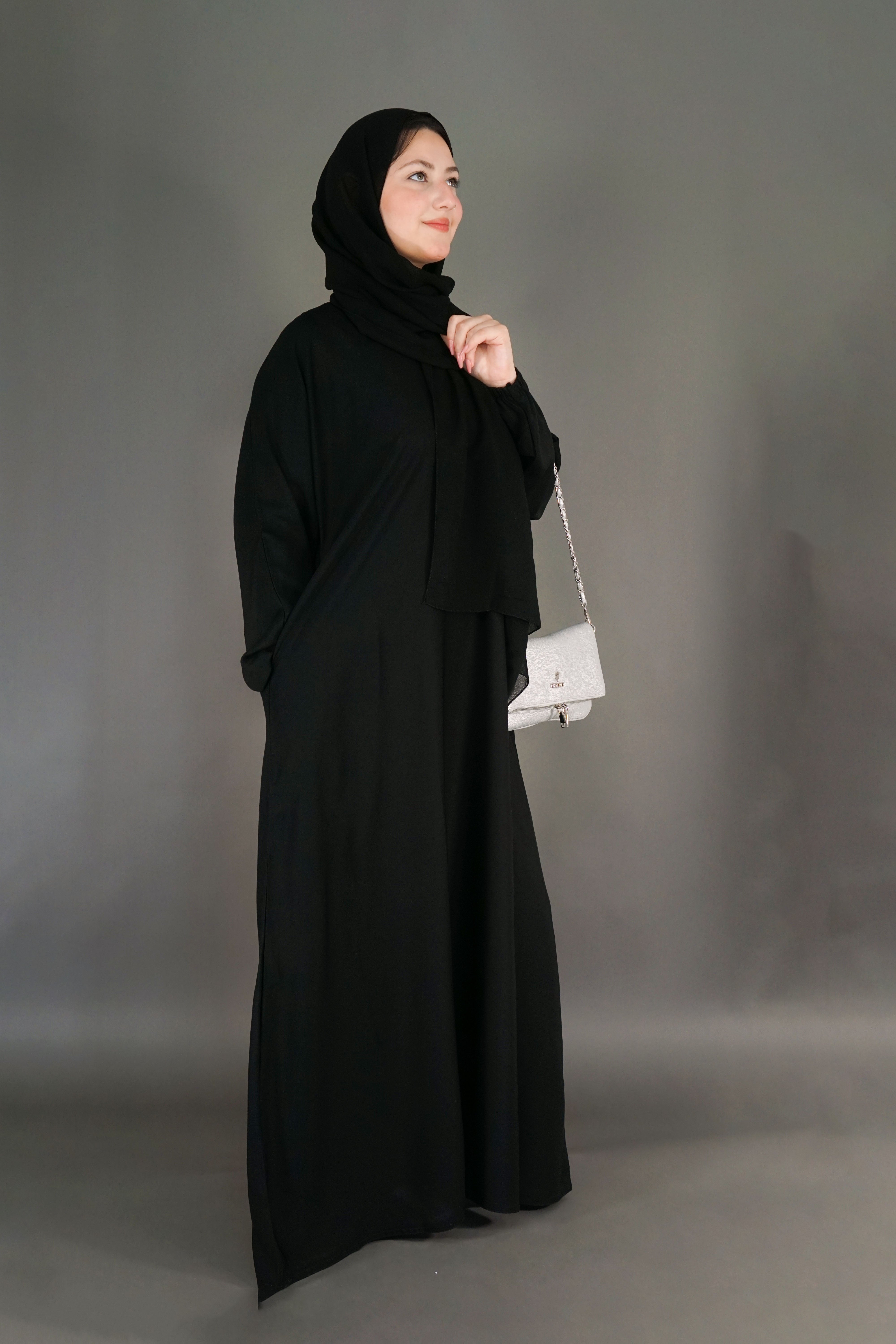 One Button Plain Abaya – Black | Nida Fabric with Matching Scarf
