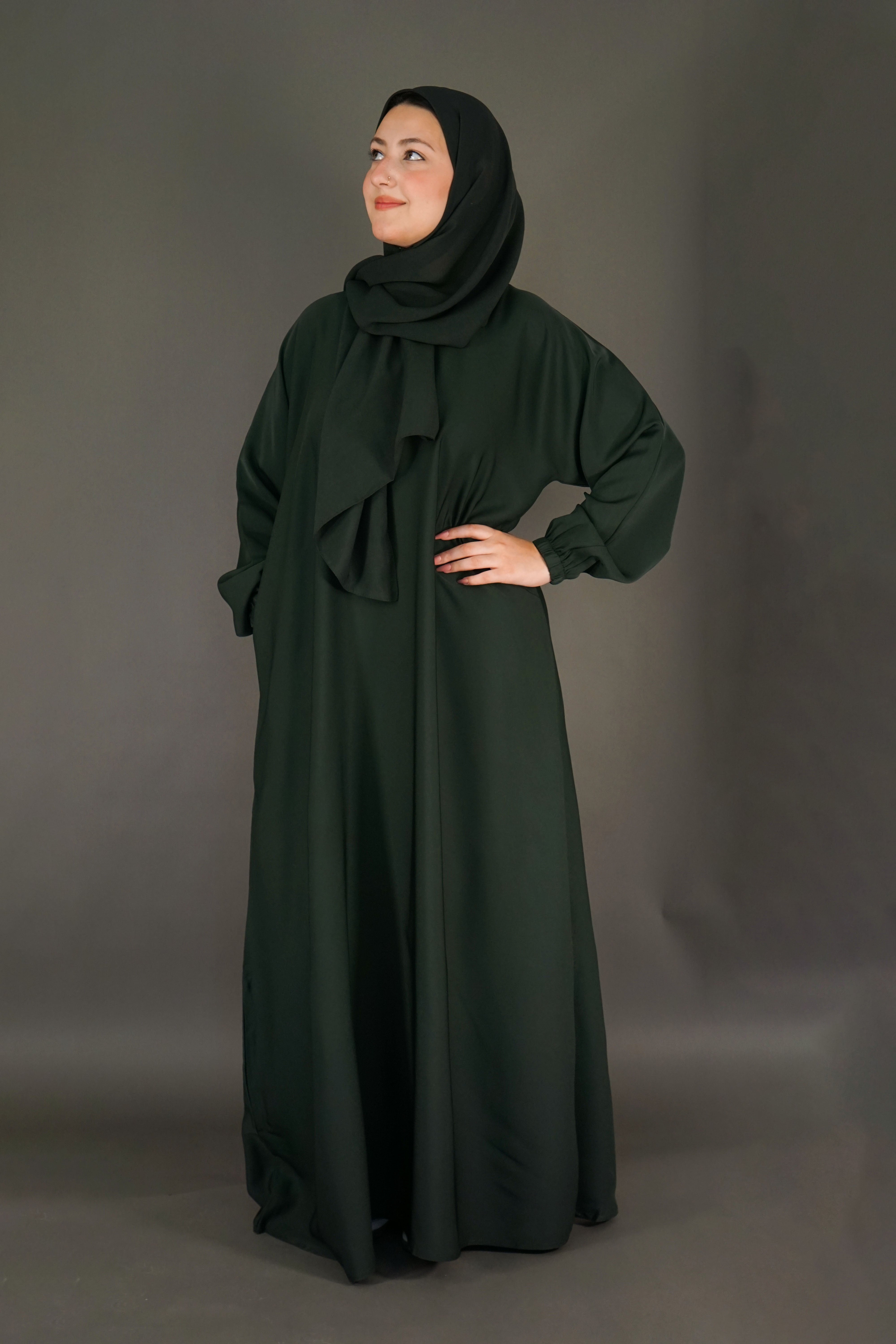One Button Plain Abaya – Green | Nida Fabric with Matching Scarf