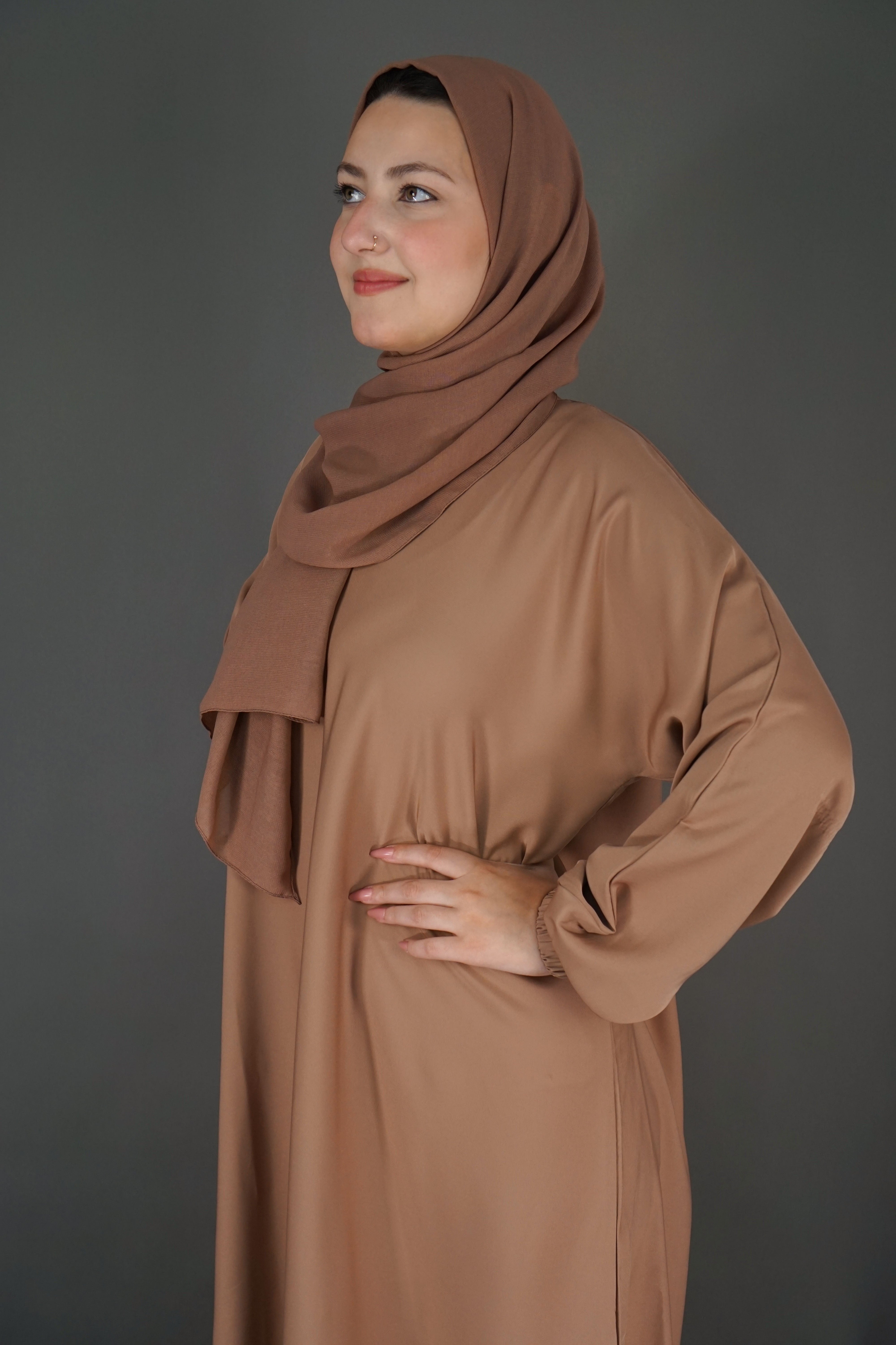 One Button Plain Abaya – Light Brown | Nida Fabric with Matching Scarf