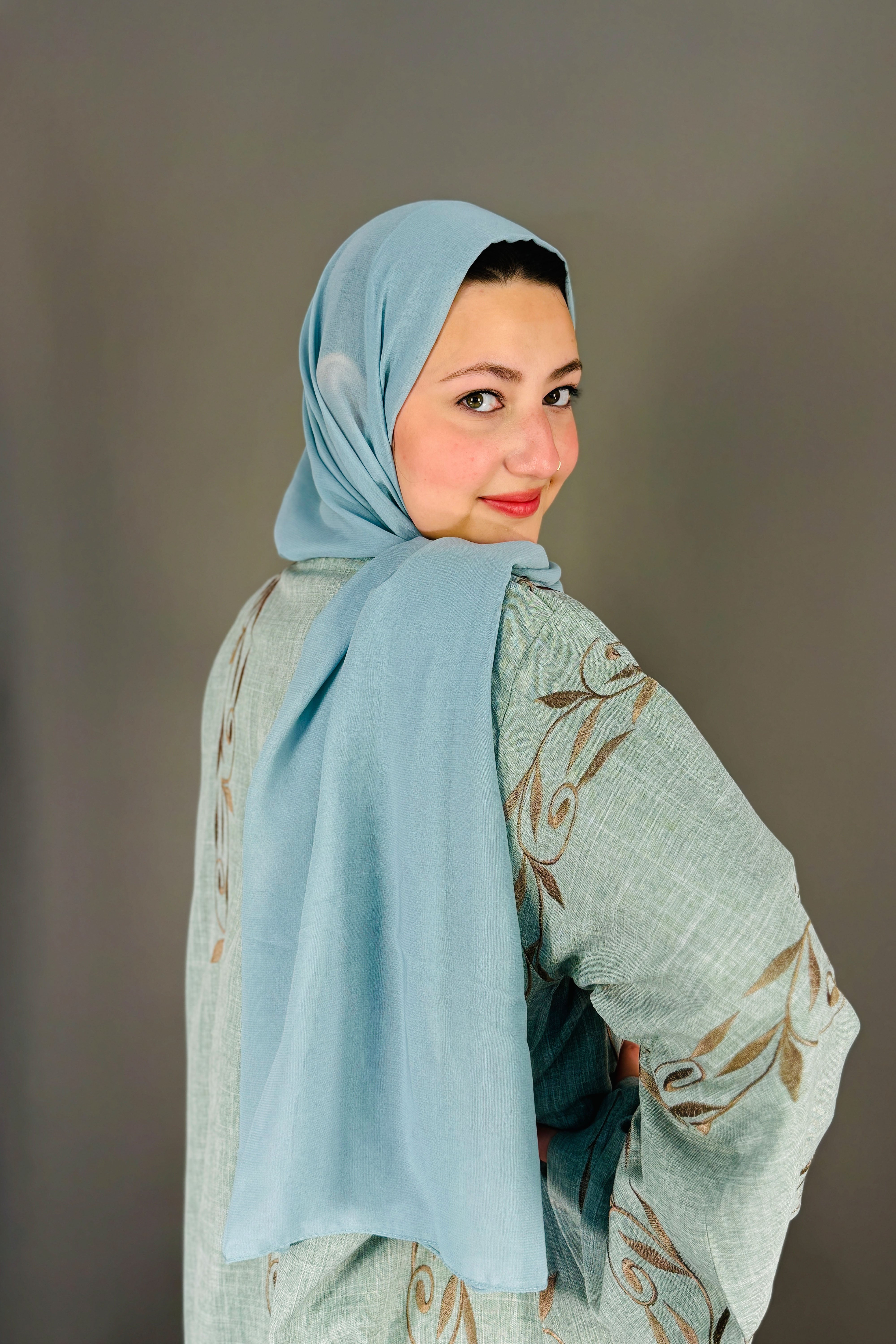 Embroidery Work Abaya with Scarf – Light Blue