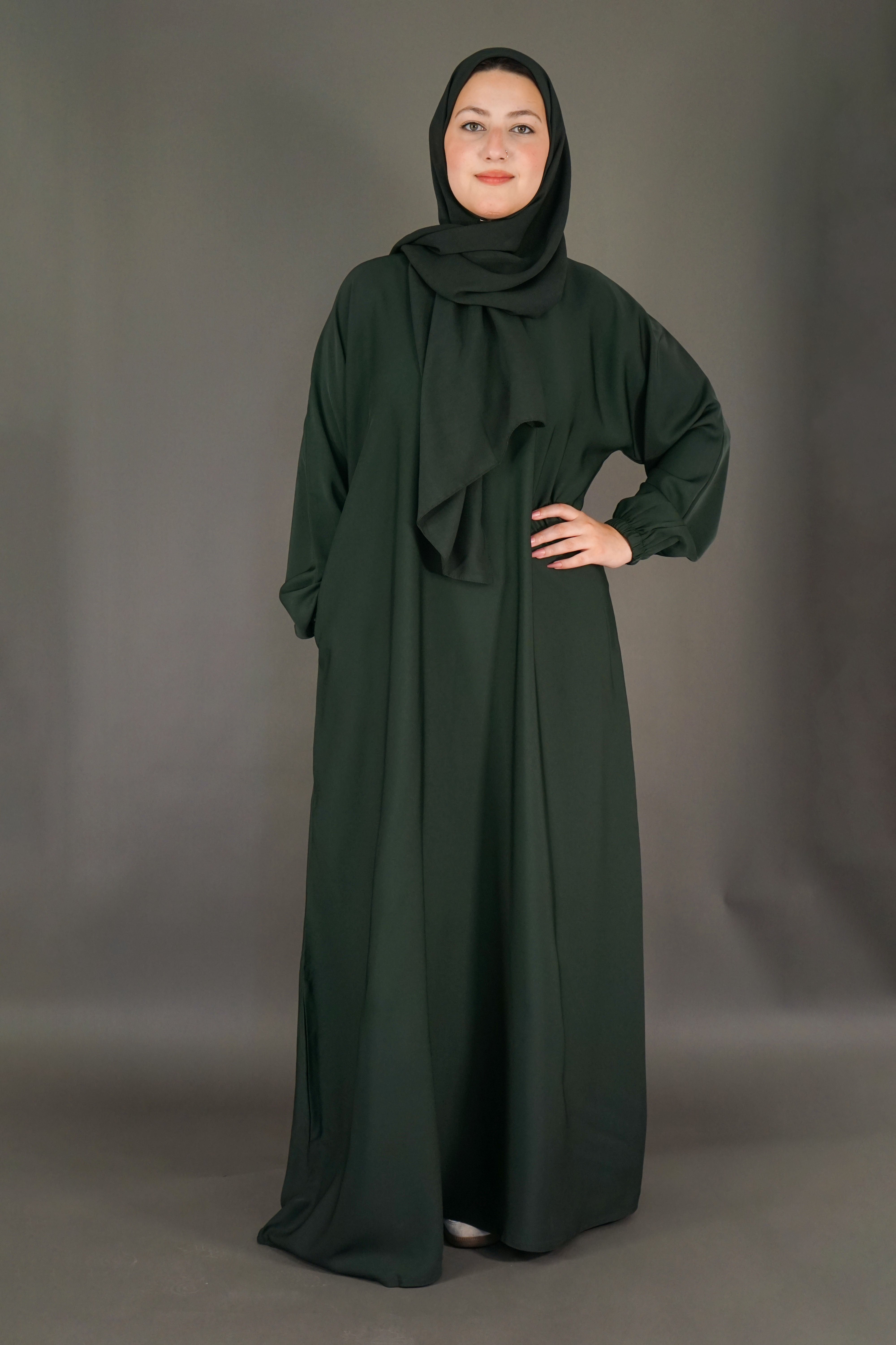 One Button Plain Abaya – Green | Nida Fabric with Matching Scarf