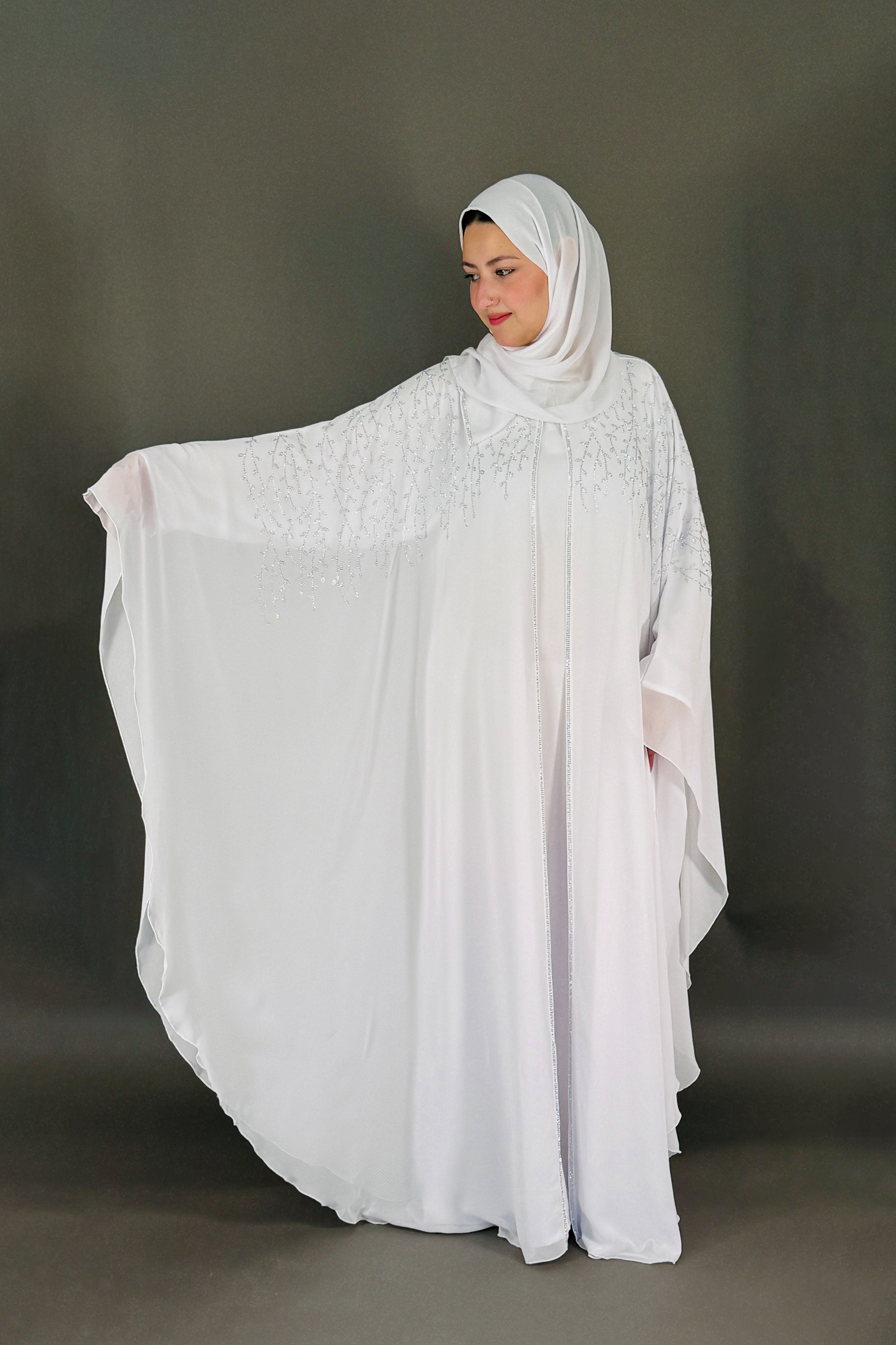 Chiffon Elegant Farasha Abaya with Scarf – White