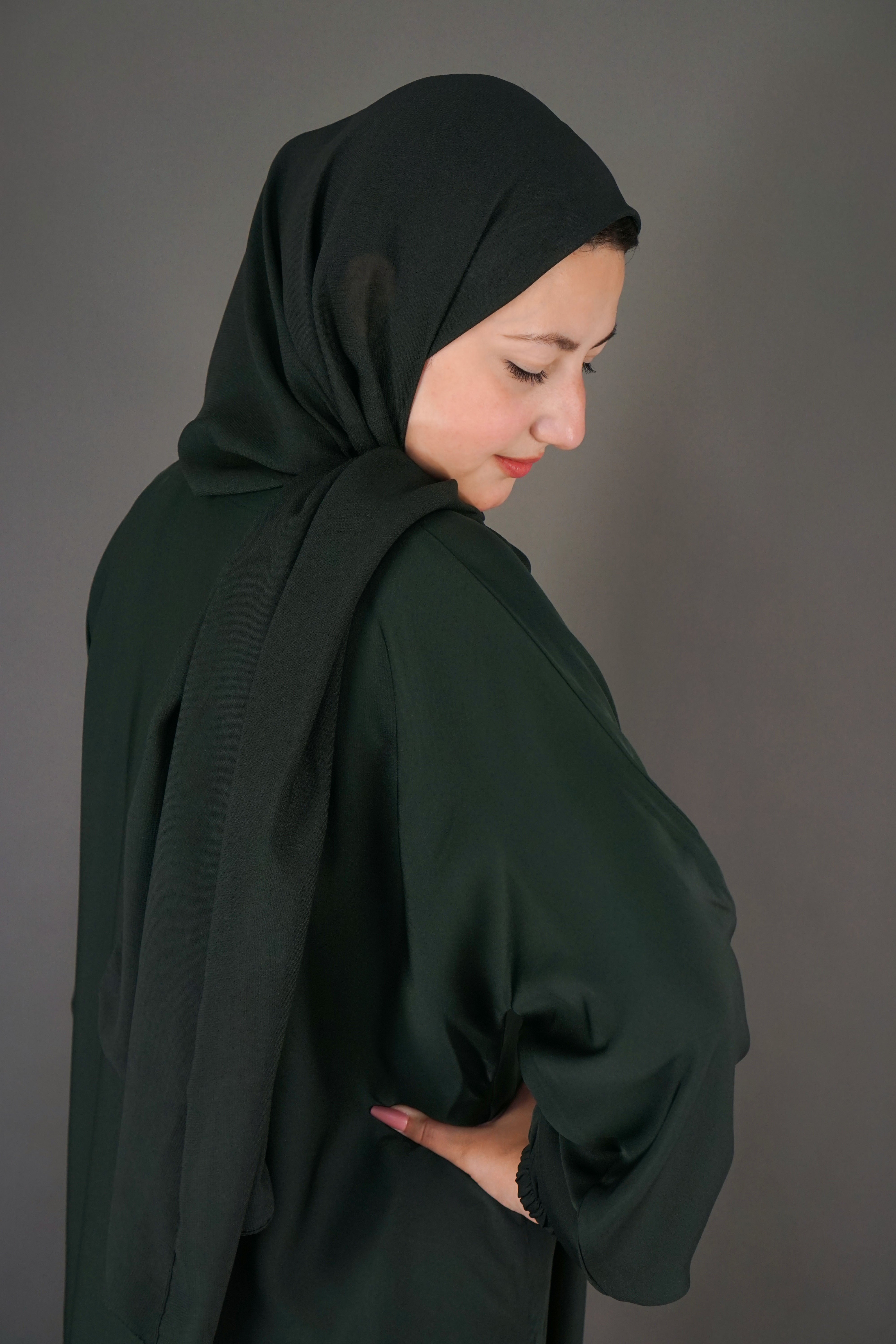 One Button Plain Abaya – Green | Nida Fabric with Matching Scarf