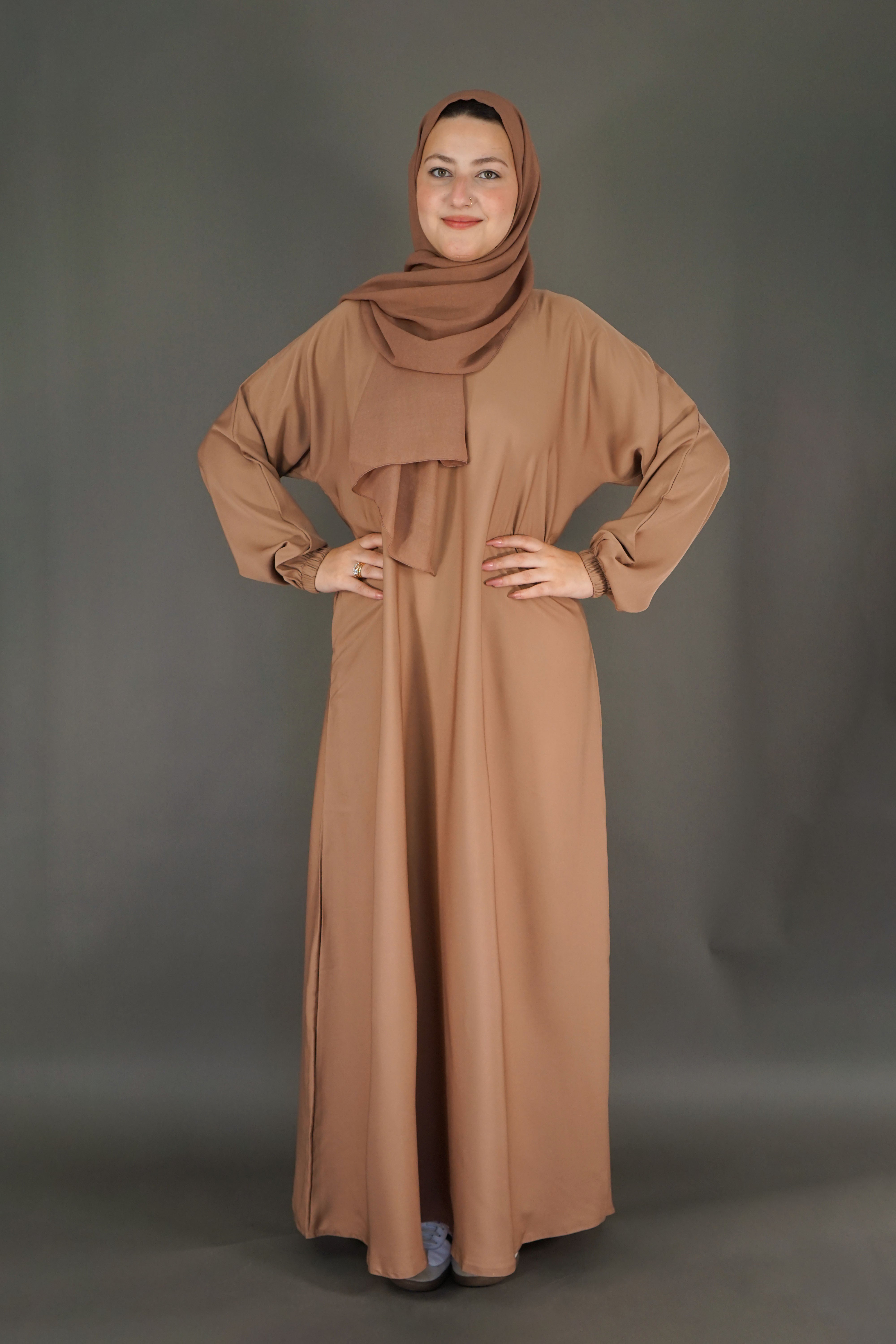 One Button Plain Abaya – Light Brown | Nida Fabric with Matching Scarf