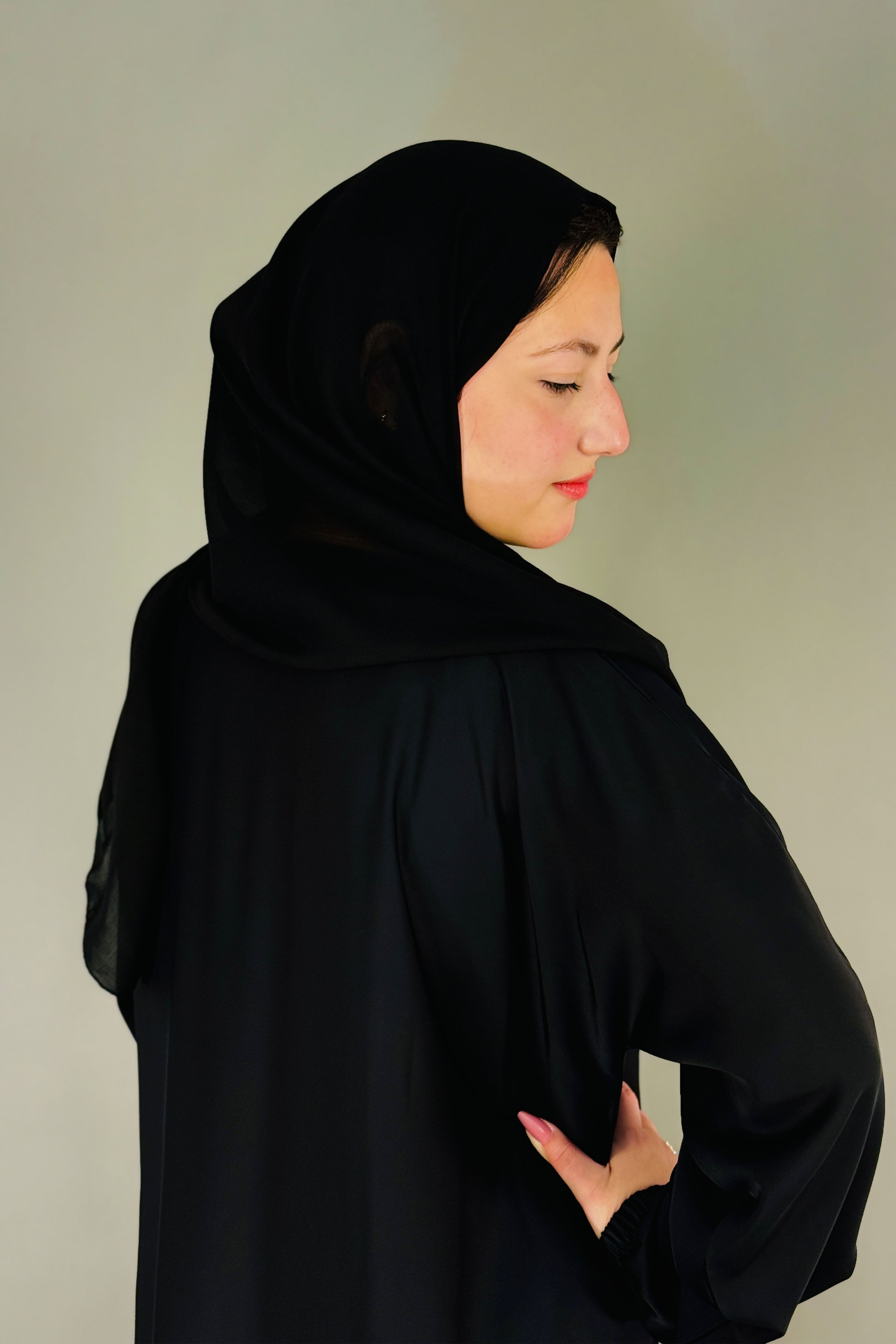 One Button Plain Abaya – Black | Nida Fabric with Matching Scarf