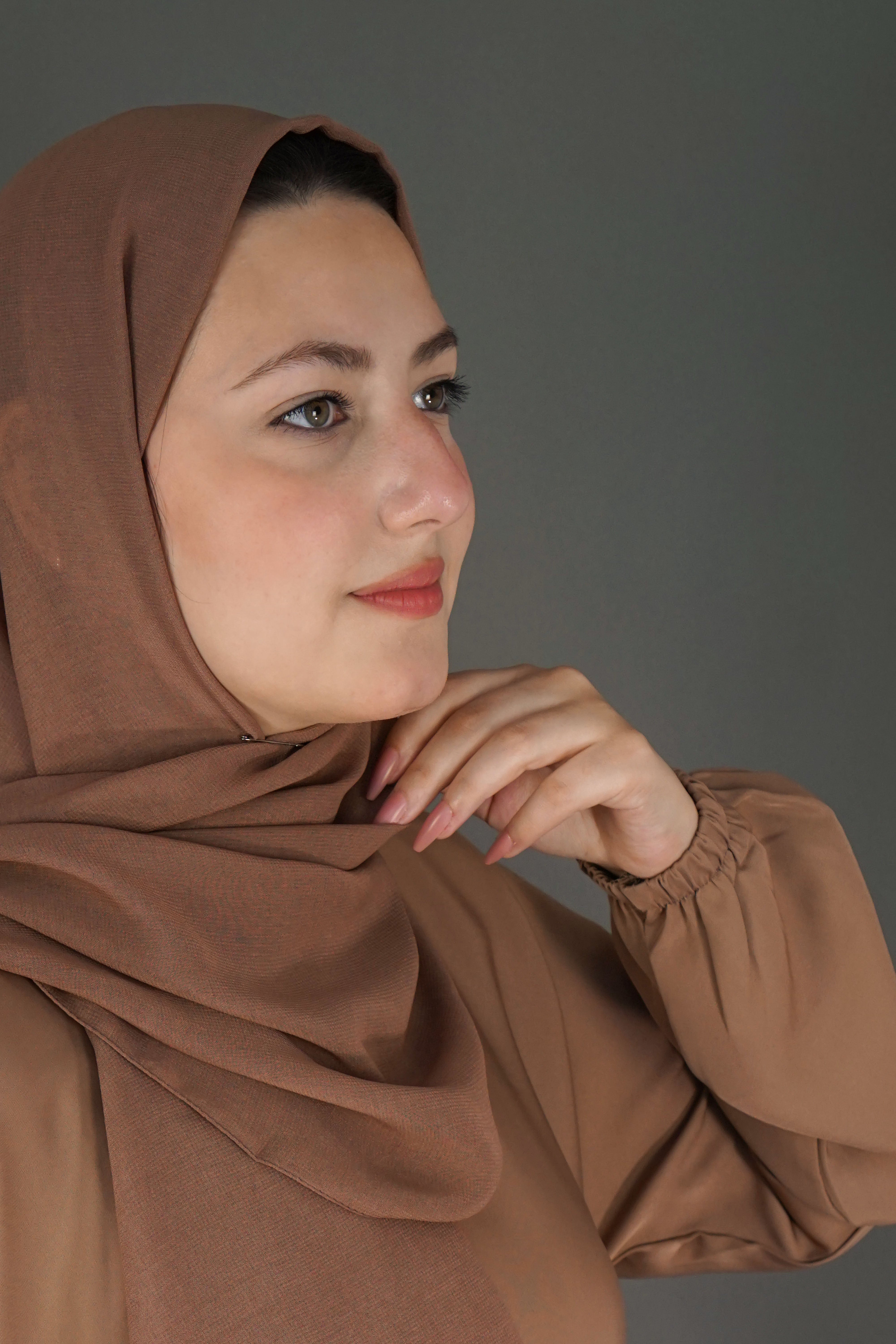 One Button Plain Abaya – Light Brown | Nida Fabric with Matching Scarf