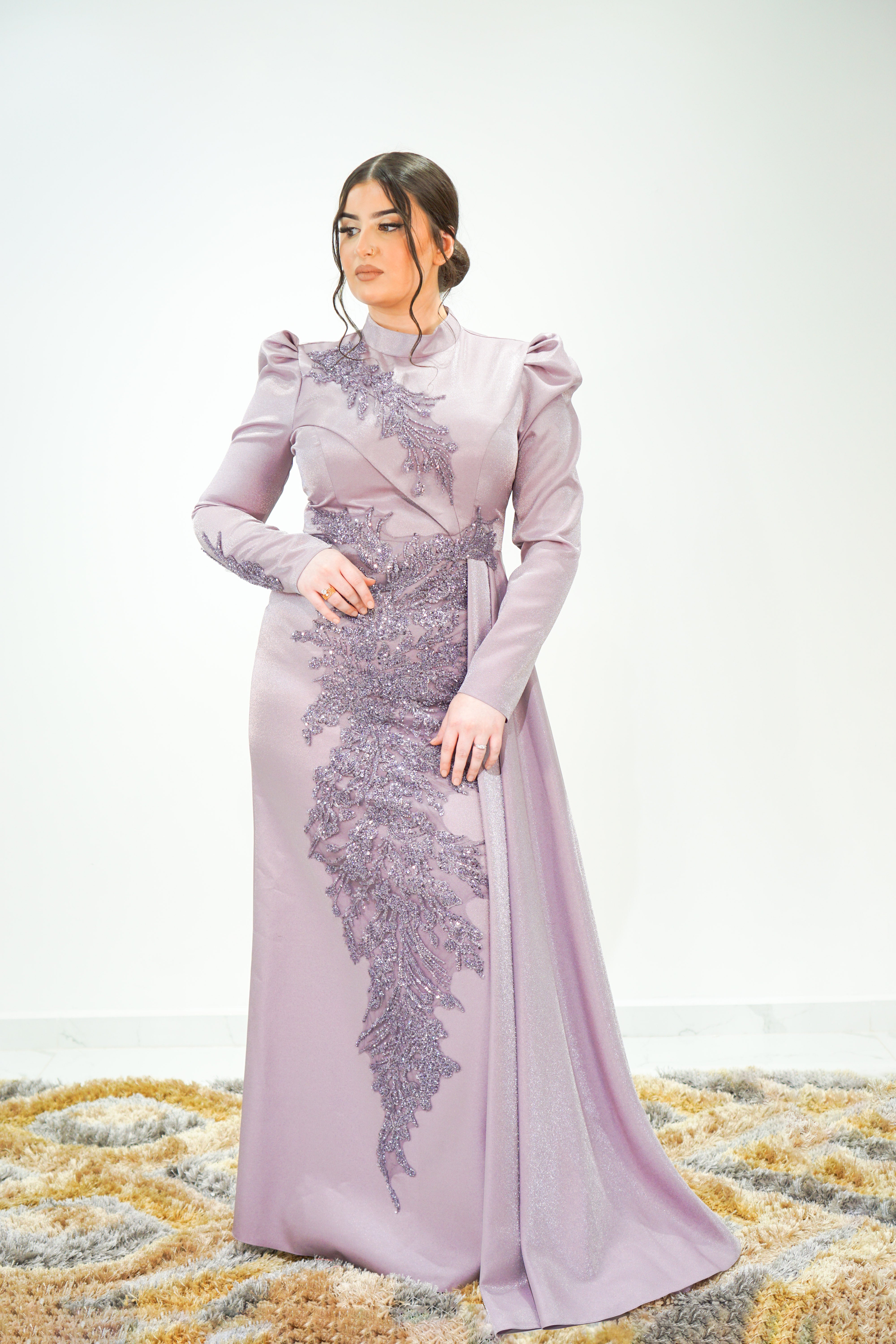 Lilac Organza Muslim Evening Dress, Long Dress with top to bottom work | Aroosah Lilac Organza Muslim Evening Dress, Long Dress with top to bottom work | Aroosah