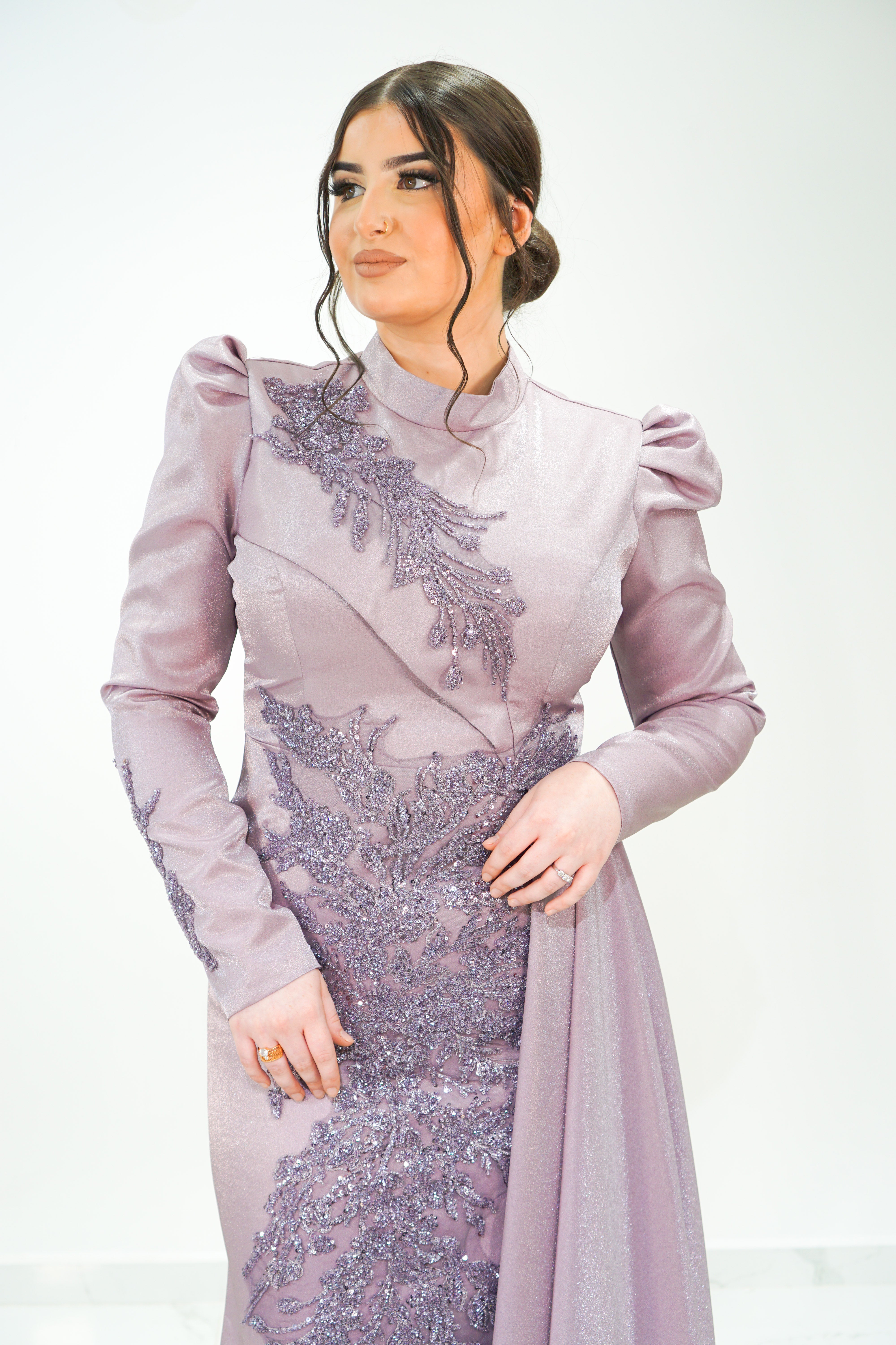 Lilac Organza Muslim Evening Dress, Long Dress with top to bottom work