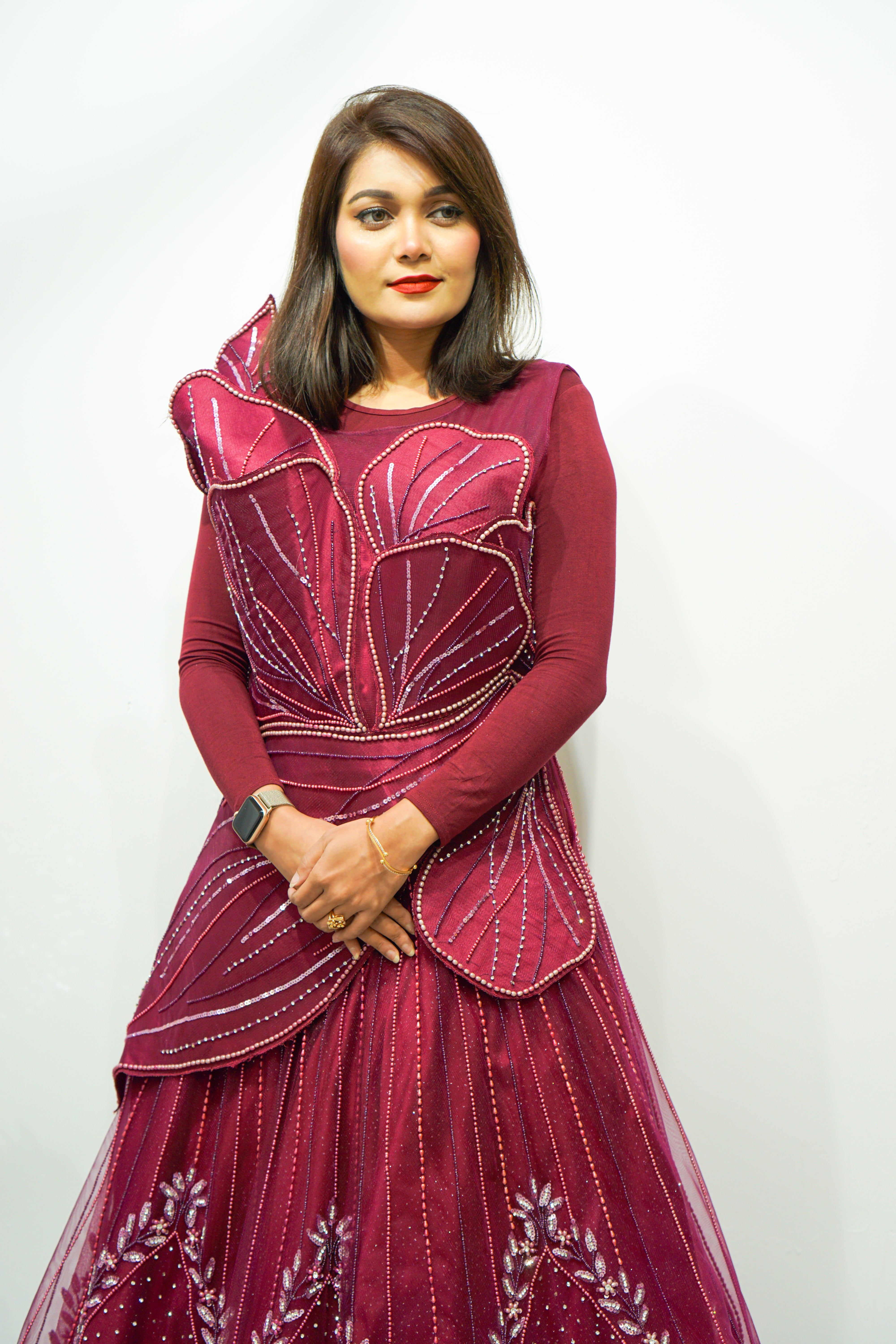 Leaf Design Wine Ball Gown with Pear and Stone Embellishments