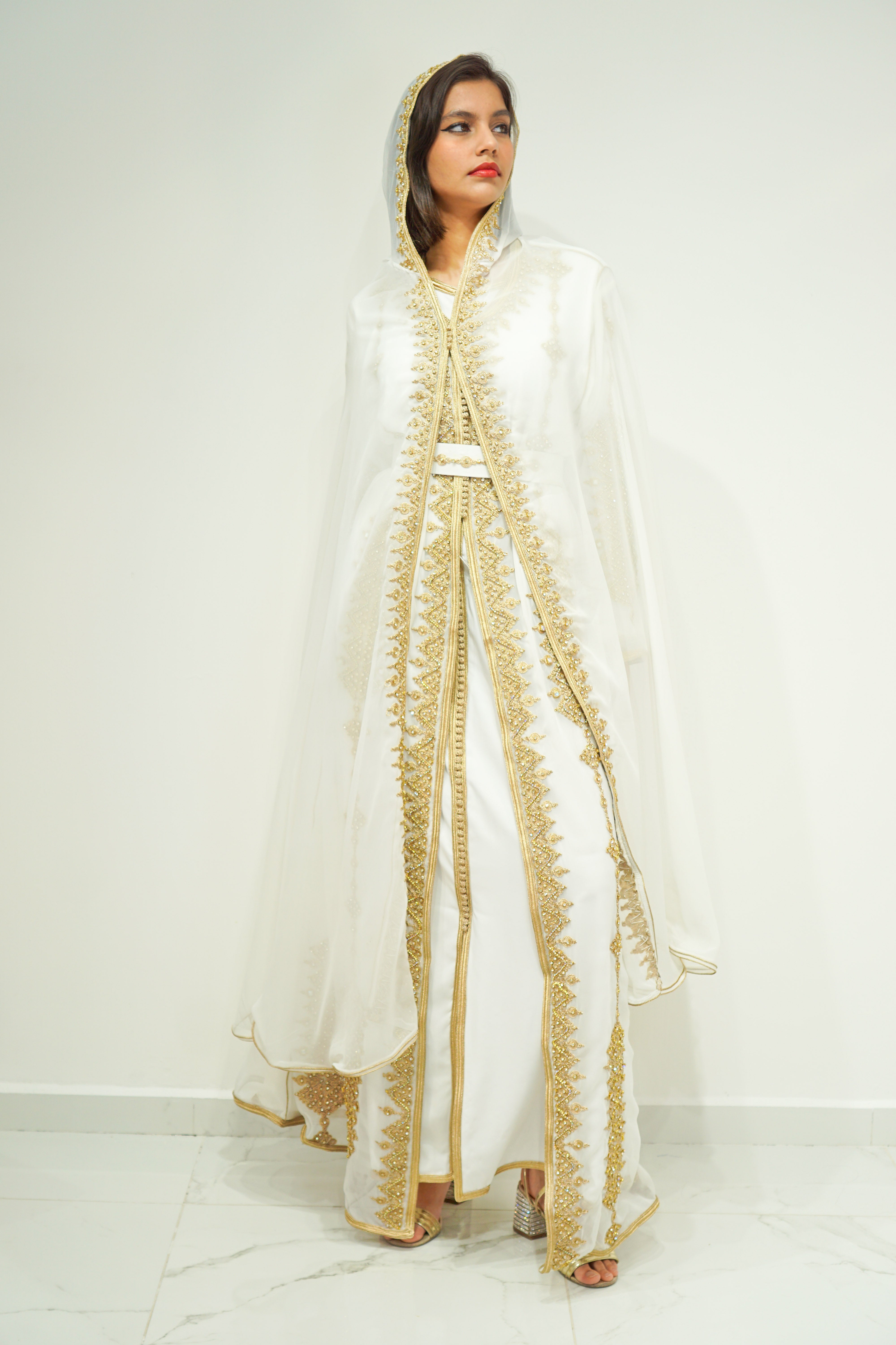 Moroccan Chic 3-Piece White & Gold Kaftan with Hoodie and Exquisite Stone Work | Aroosah Moroccan Chic 3-Piece White & Gold Kaftan with Hoodie and Exquisite Stone Work | Aroosah