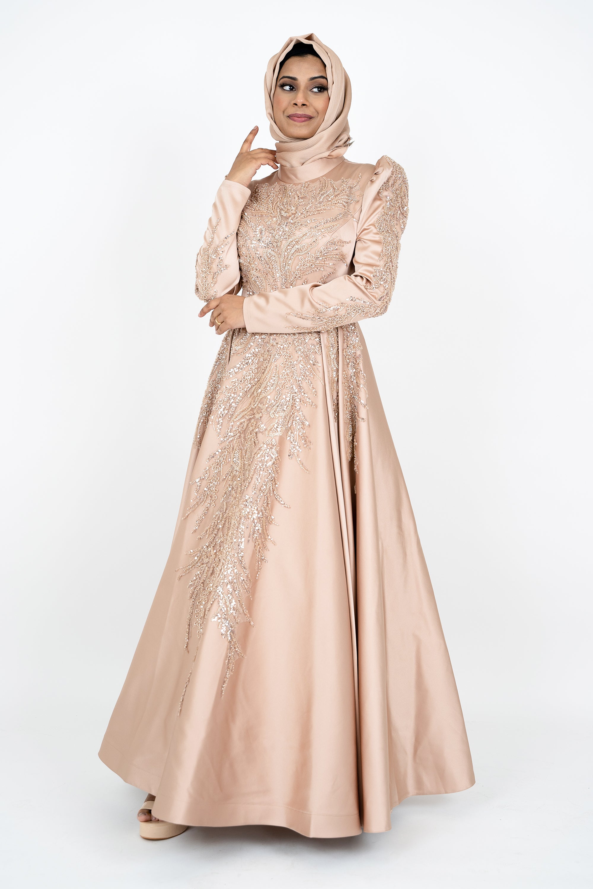 Luxorious Gold Islamic Evening Dresses High Neck Hijab Formal Party Gown Arabic Long Sleeve Islamic Kaftan