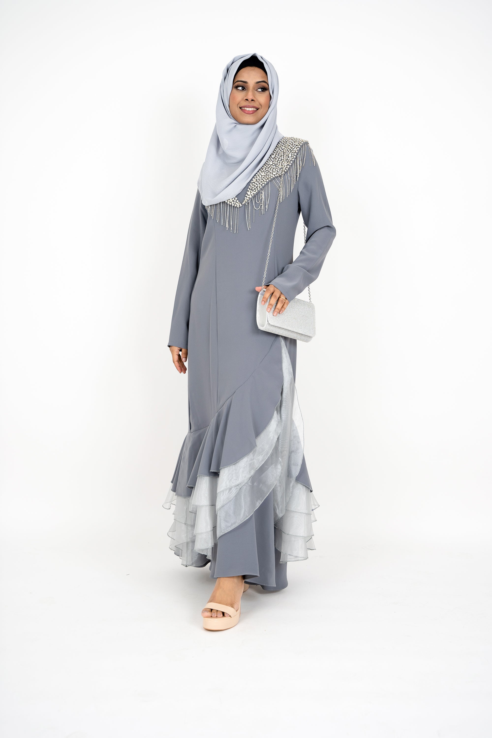 Grey Long Sleeve Muslim Evening Dress