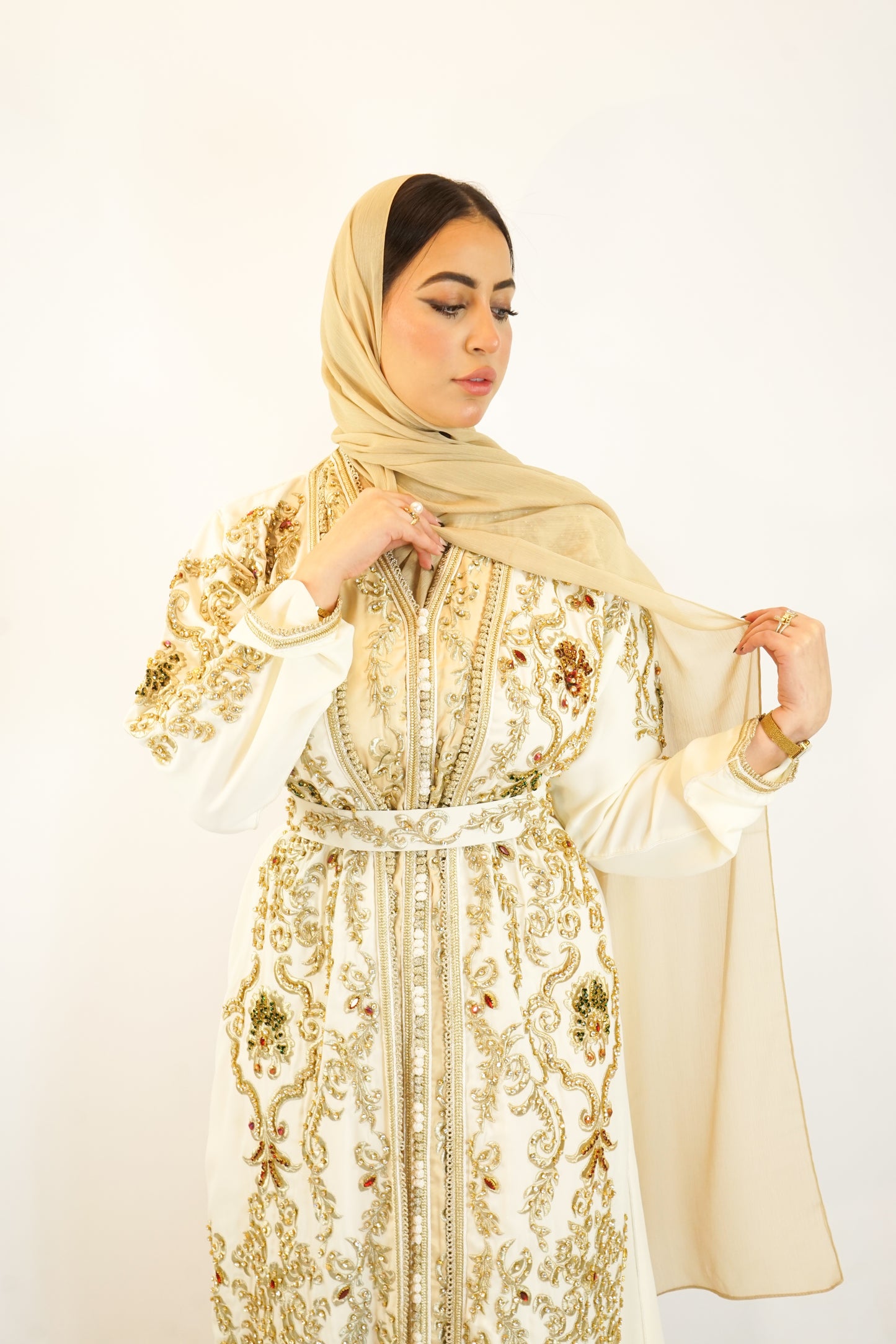 Luxury Cream & Golden Moroccan Takshita with Handcrafted Stone Details and Belt