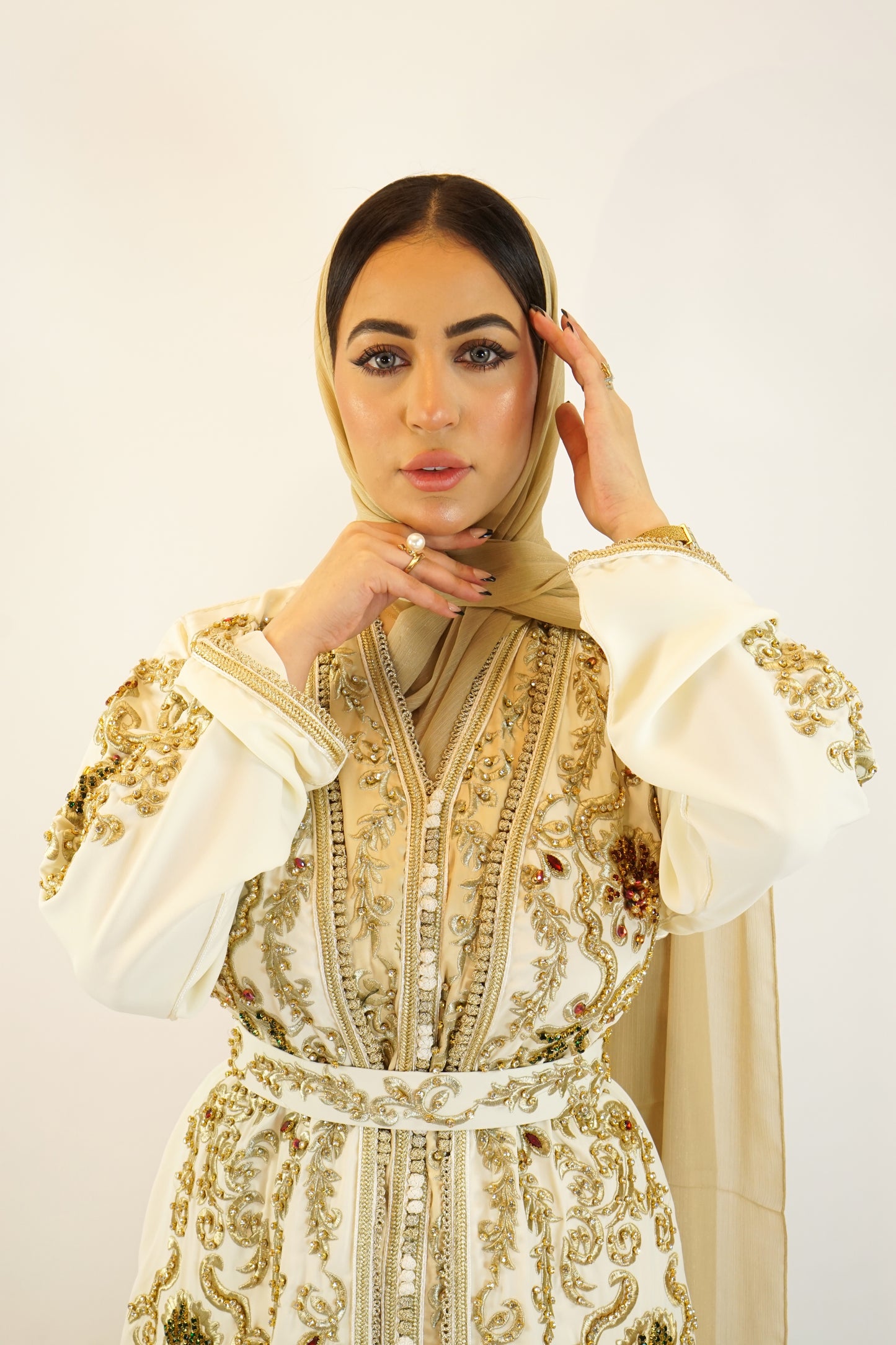 Luxury Cream & Golden Moroccan Takshita with Handcrafted Stone Details and Belt