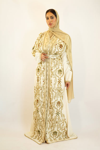 Luxury Cream & Golden Moroccan Takshita with Handcrafted Stone Details and Belt