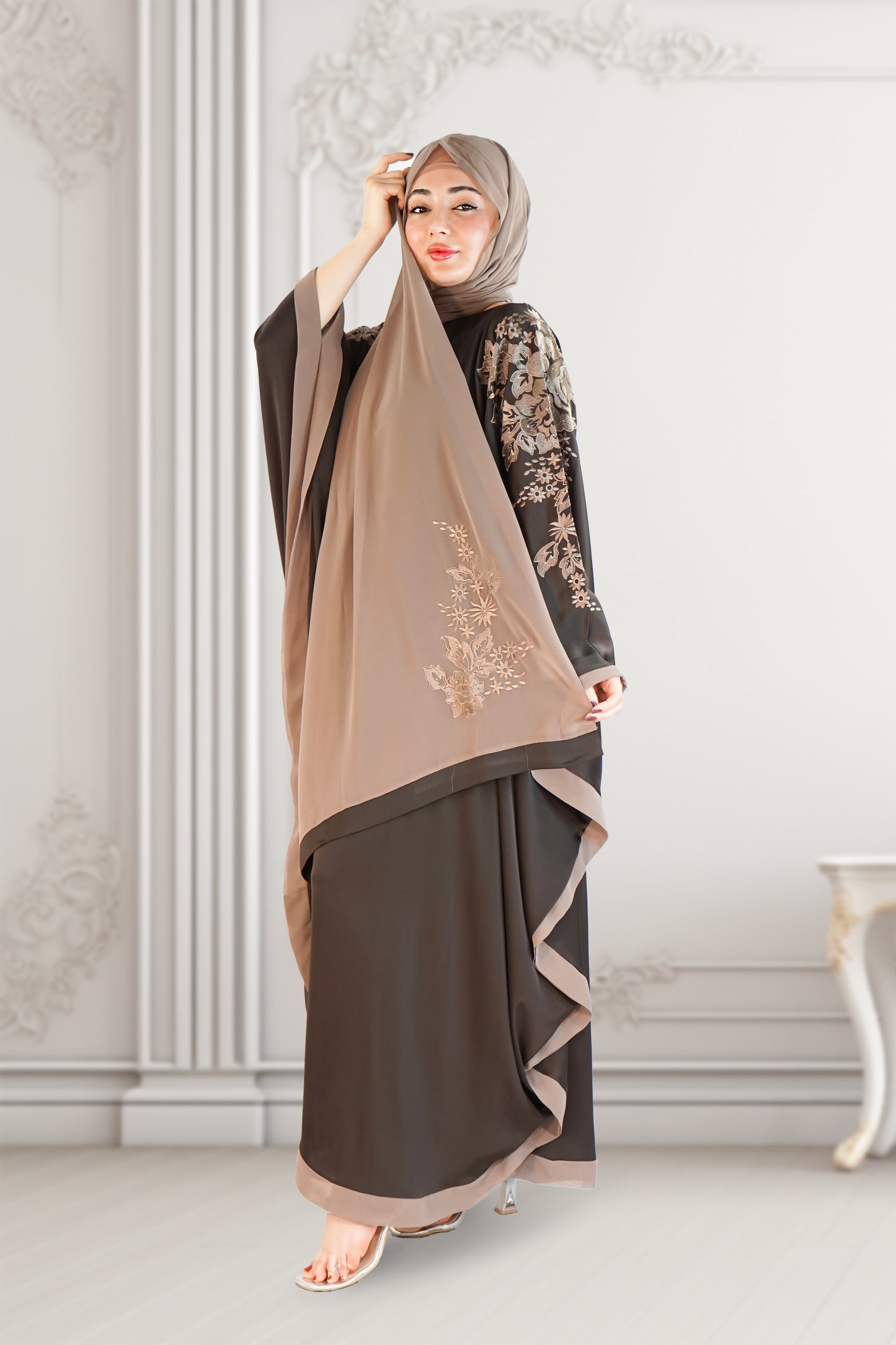 Dubai Style Embroidered Kaftan in Rich Brown