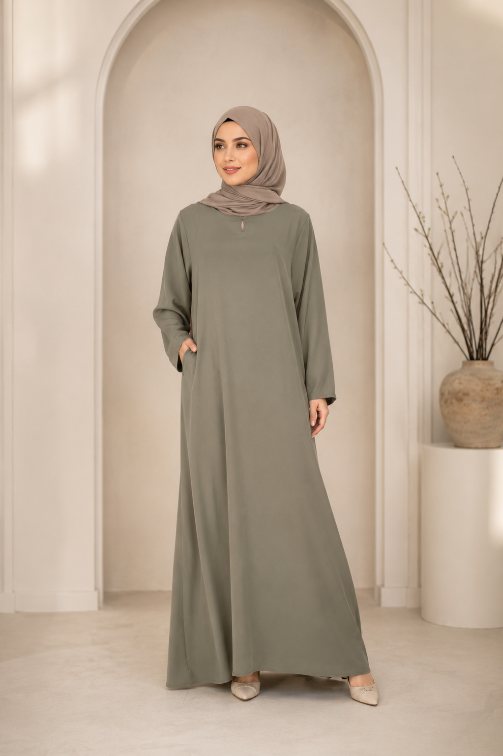 One Button Plain Nida Abaya – Olive Grey